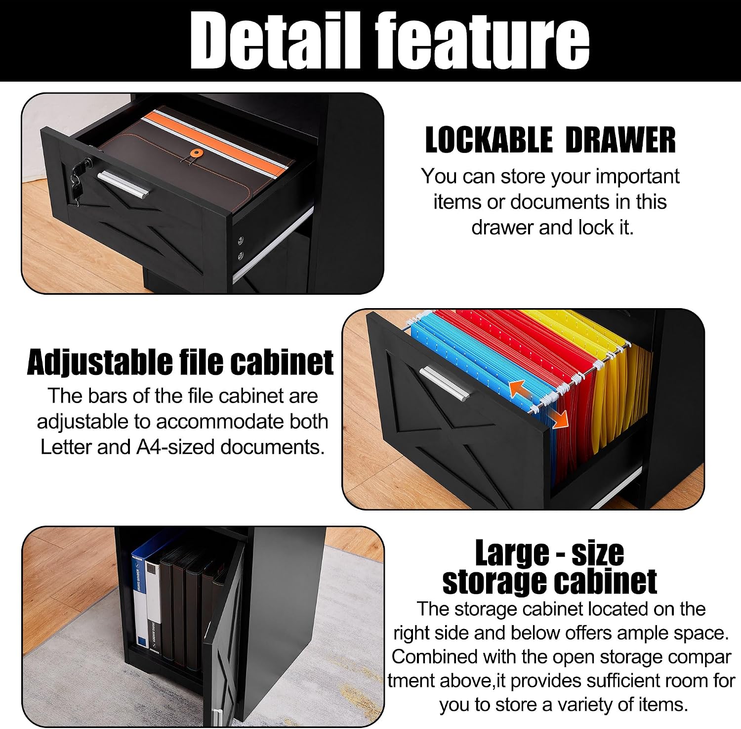 60' L Shaped Executive Desk with Printer Space,Corner Computer Desk with Power Outlets,Lockable Drawers & Adjustable File Cabnet,L Shaped Office Desk with Monitor Stand (Black)