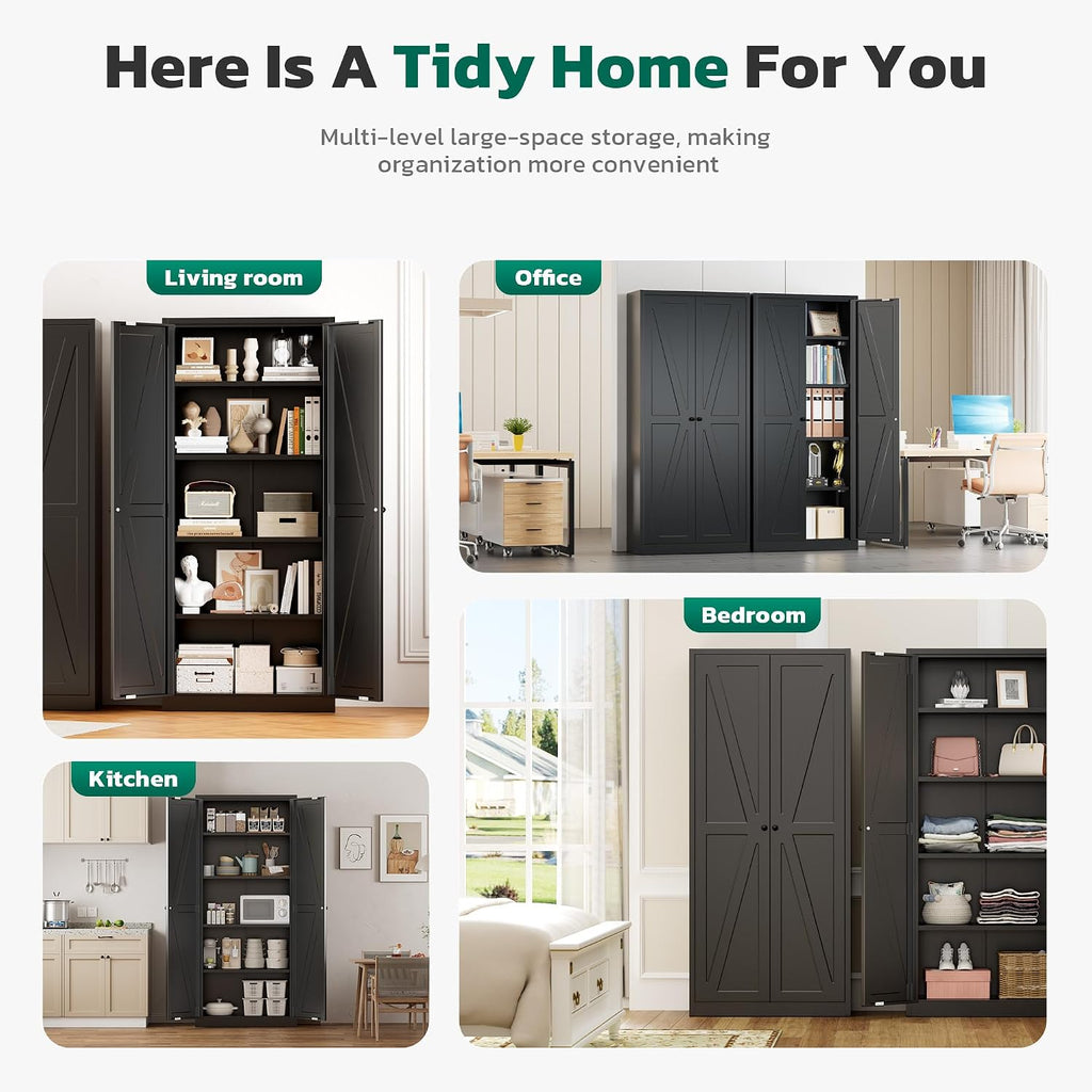 Greenvelly Metal Cabinet, 63' H Black Metal Storage Cabinet with Doors and 4 Shelves, Pantry Storage Cabinet for Kitchen, Bedroom, Living Room, Office (Farmhouse)