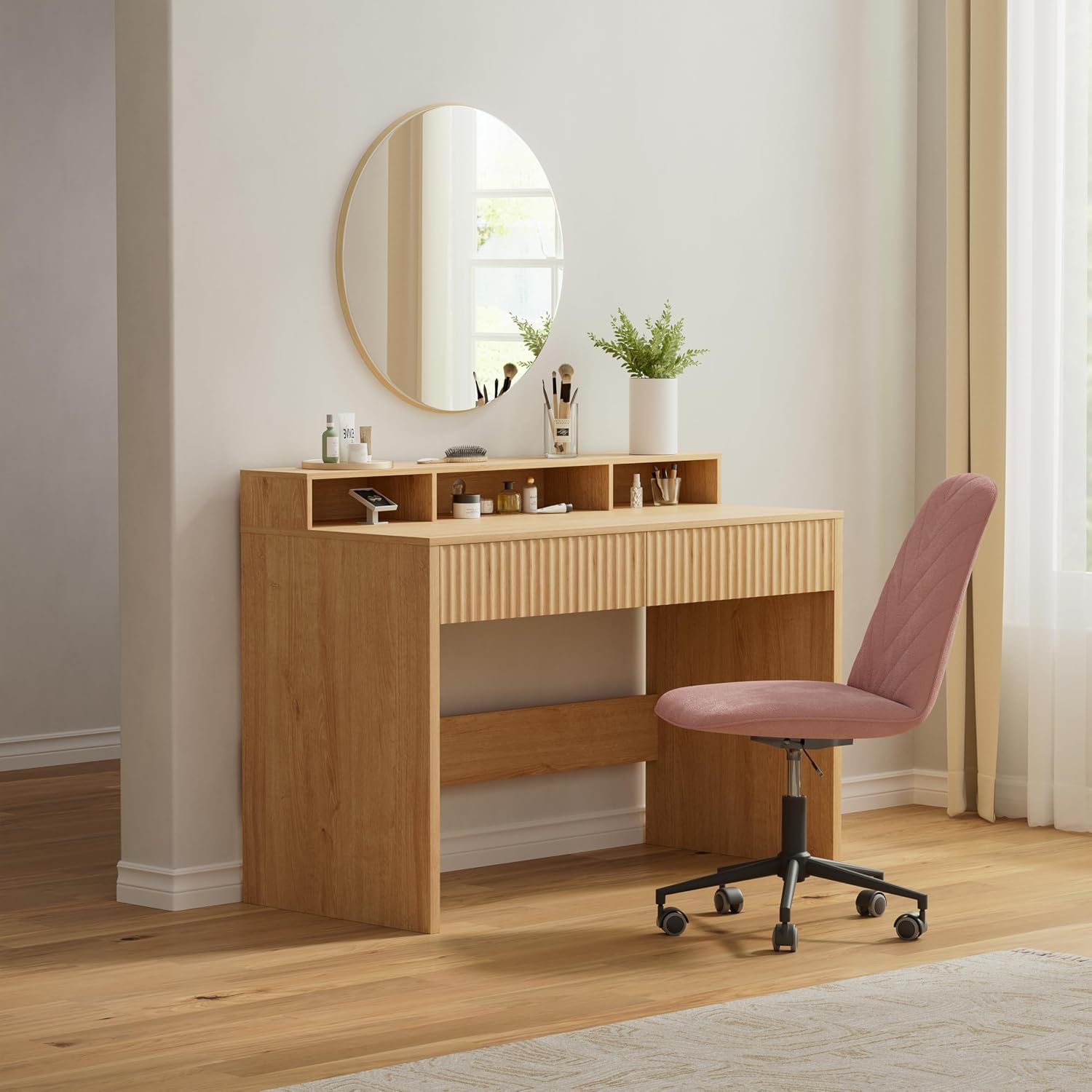 47' Executive Desk with Fluted Drawer, Modern Home Office Desk with Long Monitor Stand and 2 Drawers, Computer Writing Desk for Study Office Vanity, Nautral Oak