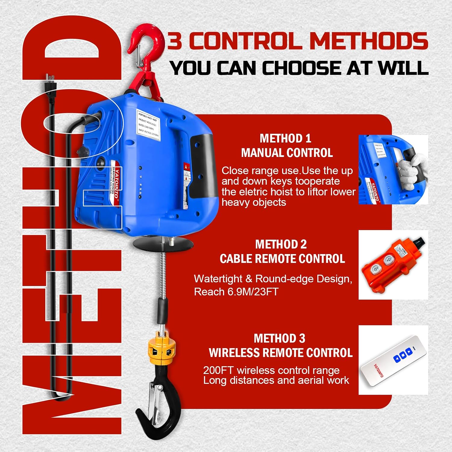 3 in 1 Electric Hoist Winch,1500 Lbs Portable Electric Power Winch,Electric Hoist 110 Volt,Wired and Wireless Remote Control,25ft Lifting Height for Garage,Factories,Warehouses