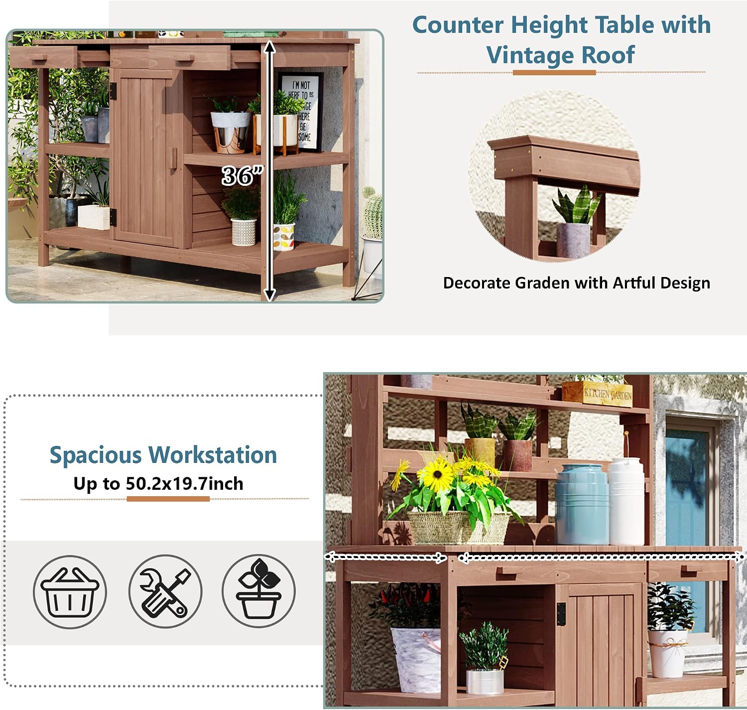JIVOIT Outdoor Garden Potting Bench Table, 66' Large Farmhouse Wooden Garden Potting Table with 2 Drawers, Cabinet and 4-Tier Open Shelves, Garden Workstation Backyard Mudroom (Brown Frame+Brown top)