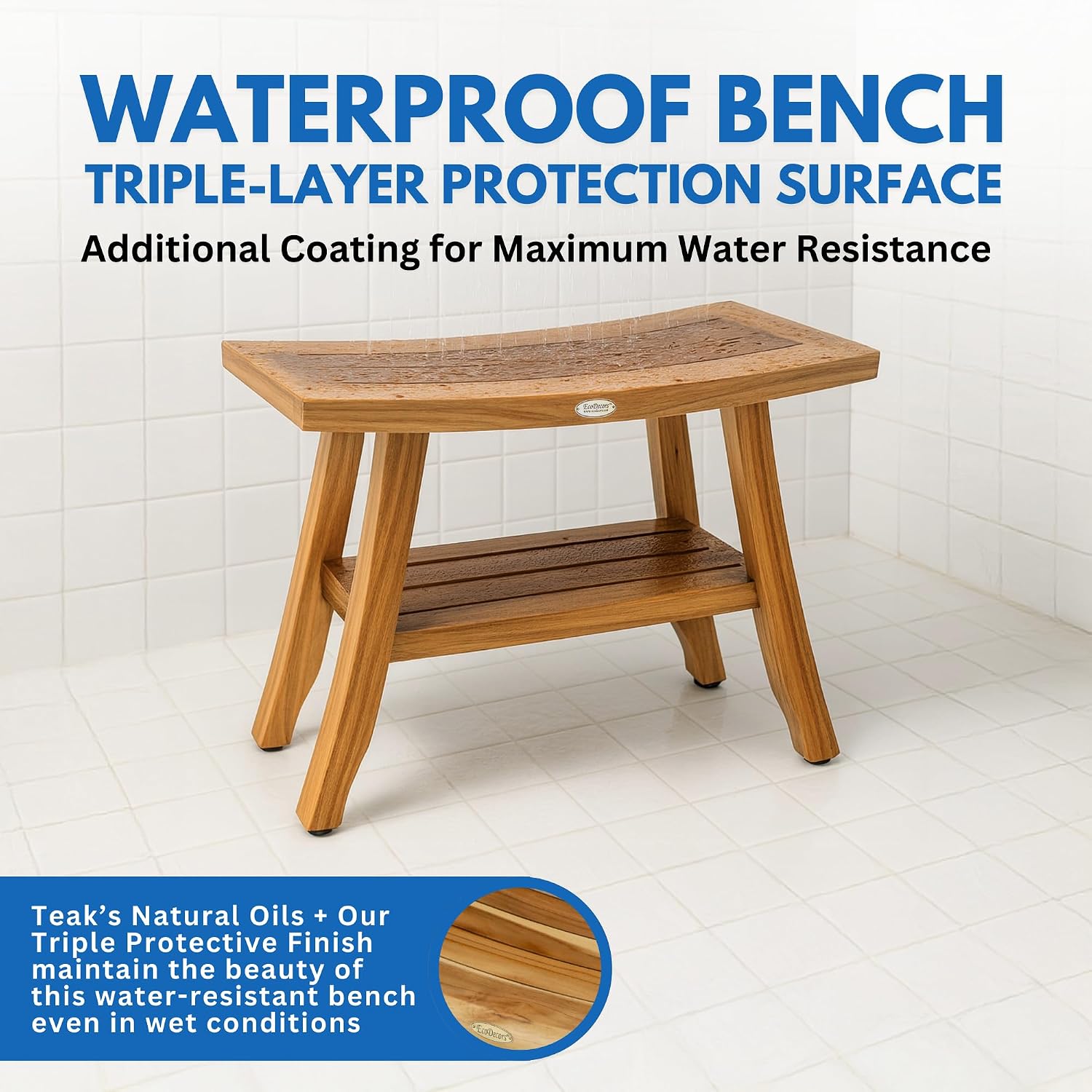 EcoDecors 28' Satori Teak Shower Bench –Bath Seat, Natural Wood Finish Water-Resistant Spa Bench | Slatted Design & Adjustable Feet for Indoor Outdoor Use | Sturdy & Safe