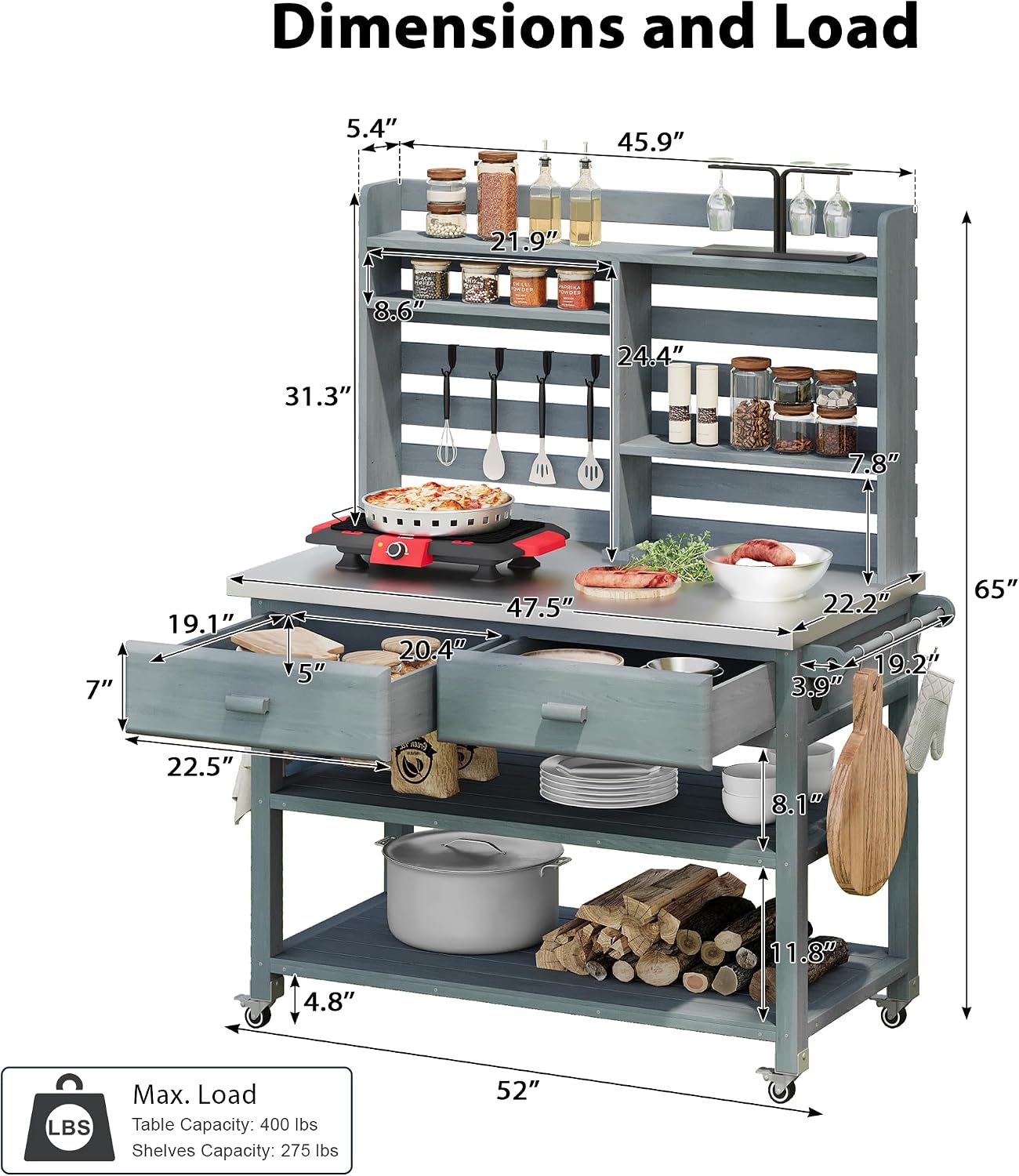 64.9'H Outdoor Potting Bench Table, Outdoor Wood Workstation Table with Lockable Wheels, Stainless Steel Top, Towel Rack, Solid Wood Outdoor Kitchen Island with Upper Hutch for Grilling, Lawn Garden
