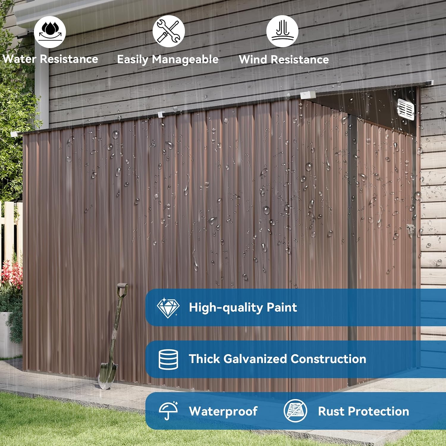 8'x6' Lean to Shed Large Storage Room Galvanized Steel Storage Sheds with Side Door Waterproof Utility Shed with Sloped Roof for Mower, Bike, Garden Tools (Brown)