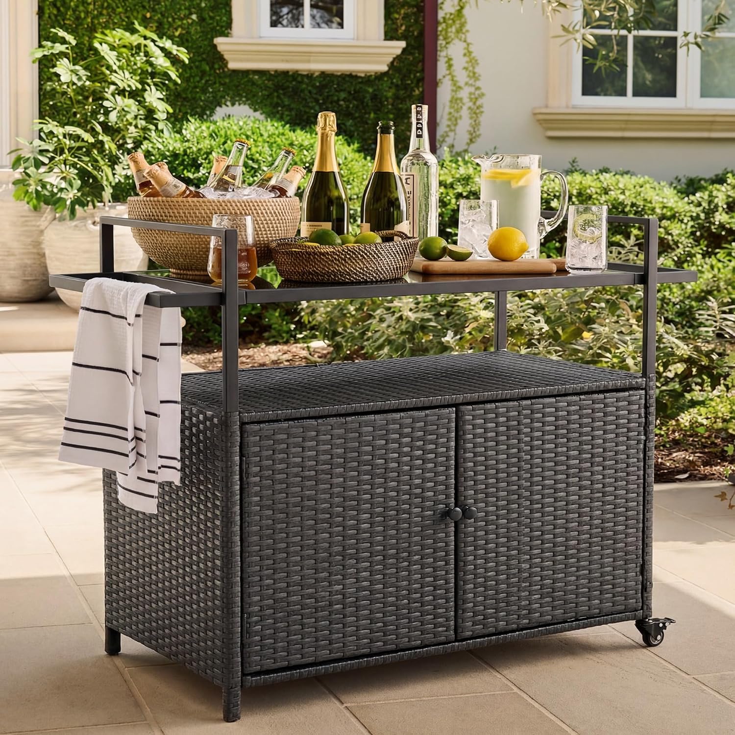 51.2' Wicker Outdoor Bar Cart - Black Patio Console Storage Table Buffet Cabinet Serving Kitchen Cart with Wheels for Outside Backyard