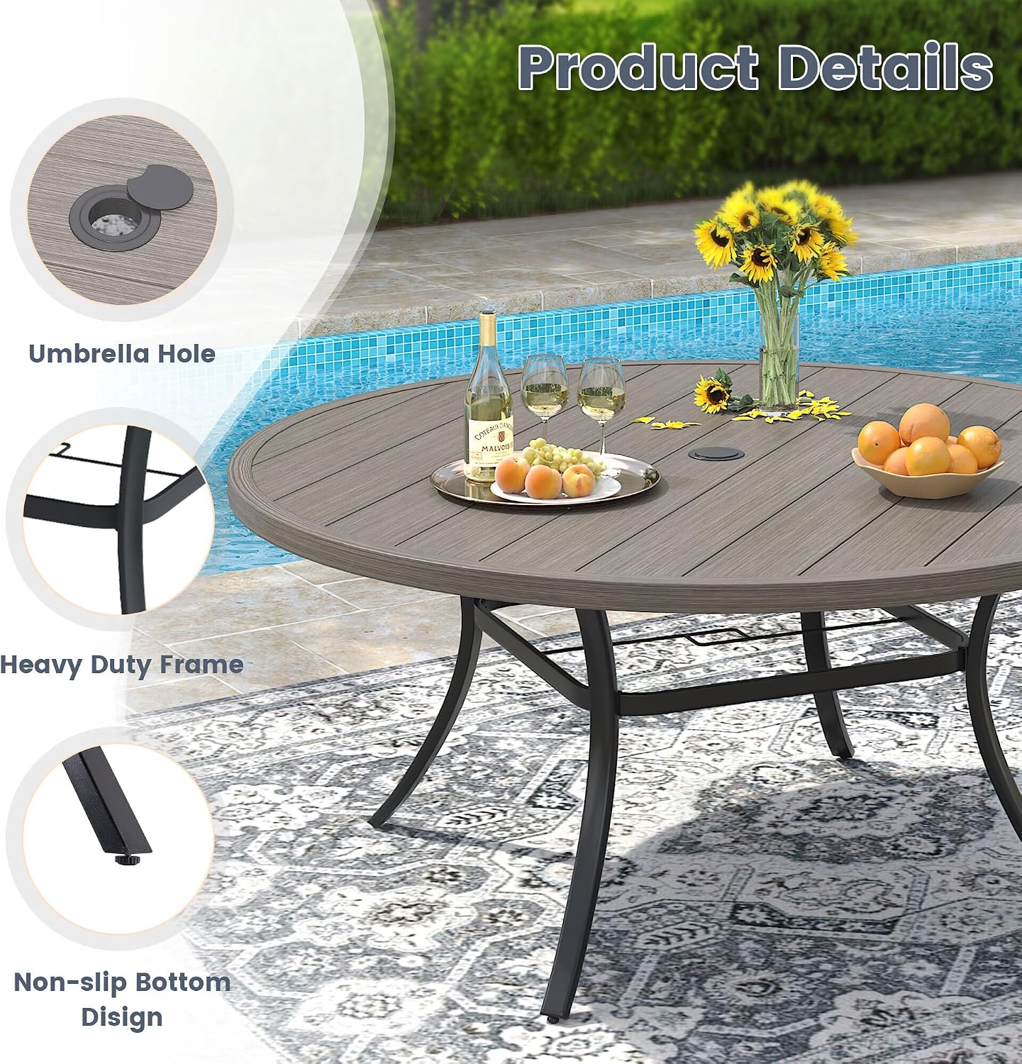 VICLLAX 50' Outdoor Round Patio Dining Table for 4-6, All Weather Metal Dining Table with Umbrella Hole for Deck Lawn Garden Backyard, Grey