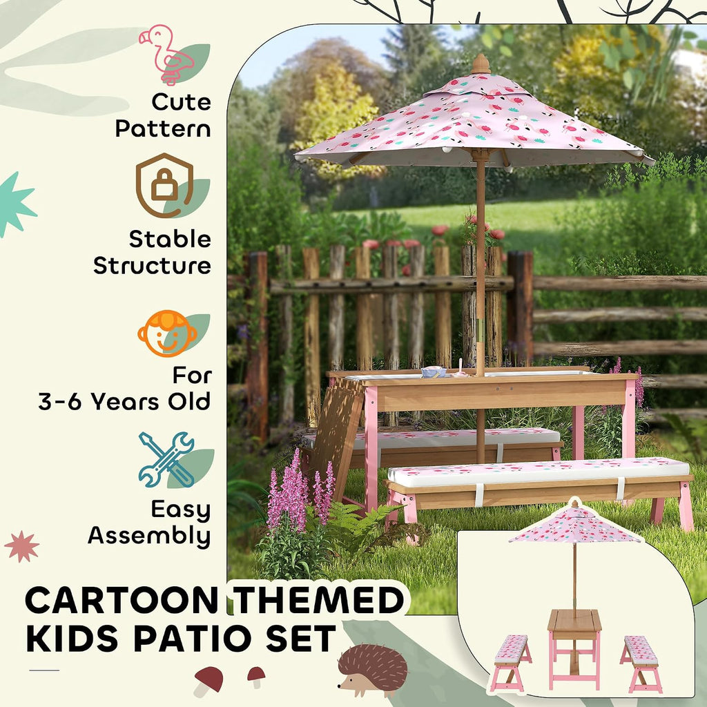 Qaba Kids Picnic Table, Wooden Table and Bench Set with Foldable Umbrella, Removable Cushions & Boxes, Flamingo Theme Children Activity Table Outdoor Furniture for Patio, Pink