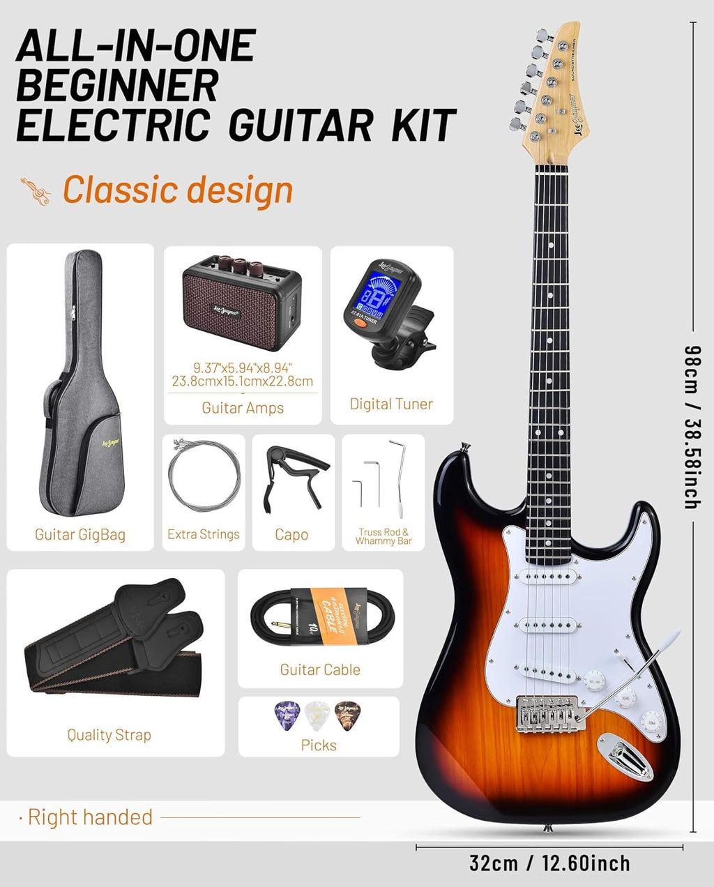 Leo Jaymz Beginner Electric Guitar Complete Kit with Portable Amp, Padded Gig Bag & Full Accessories, Maple Neck SSS Pickups (Sunburst)