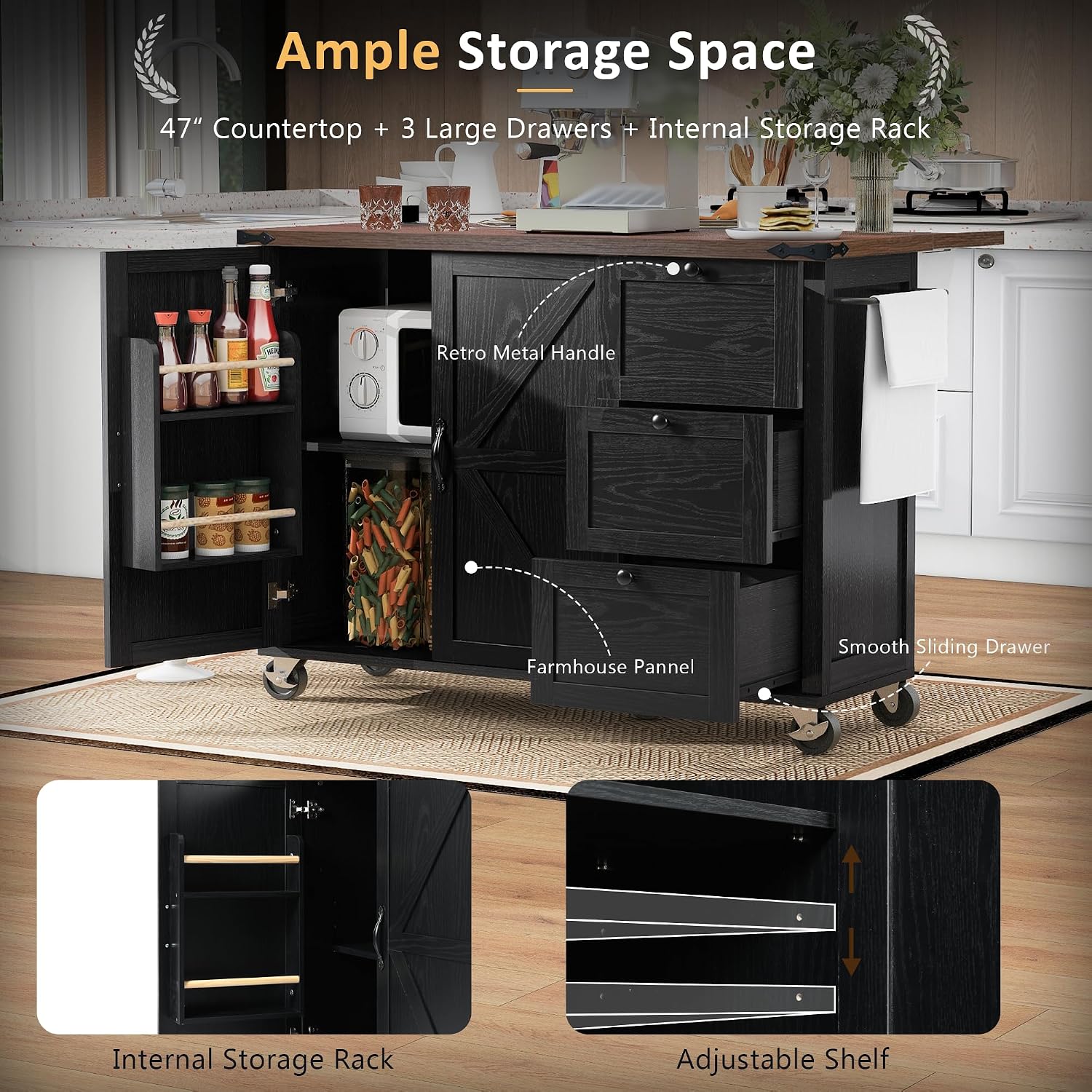 54.5' Farmhouse Kitchen Island with Power Outlet, Kitchen Storage Island with Internal Storage Rack, Drop Leaf, Spice Rack, Rolling Kitchen Cart on Wheels, for Home, Living Room and Dining Room,Black