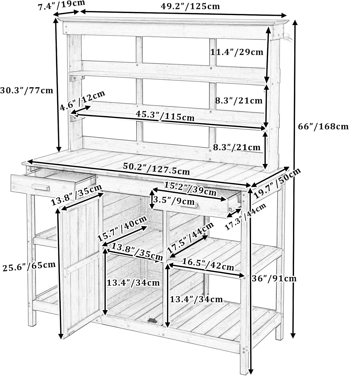 66' Large Outdoor Farmhouse Wooden Potting Bench Table, Garden Workstation with 2 Drawers, Cabinet and Open Shelves for Backyard, Mudroom, White
