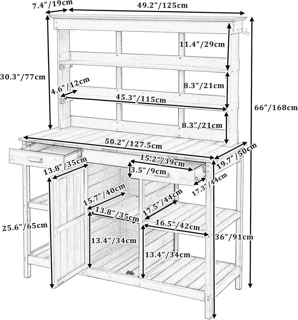 66'' Large Outdoor Farmhouse Wooden Potting Bench Table, Garden Workstation with 2 Drawers,Cabinet and Open Shelves for Backyard, Mudroom, Gray