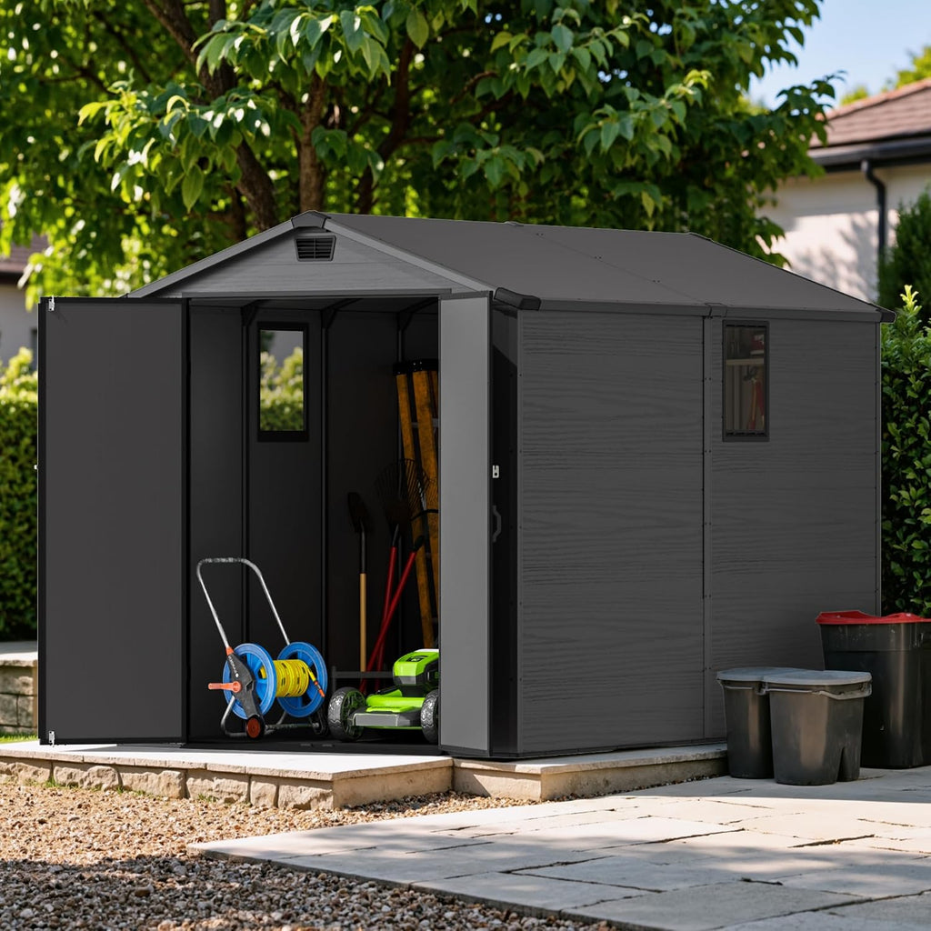 Devoko 6x10 FT Plastic Outdoor Storage Shed - Lockable Resin Tool Shed with Window & Floor, Dark Gray