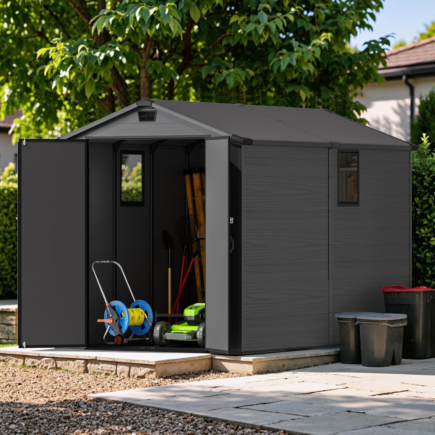 Devoko 6x10 FT Plastic Outdoor Storage Shed - Lockable Resin Tool Shed with Window & Floor, Dark Gray