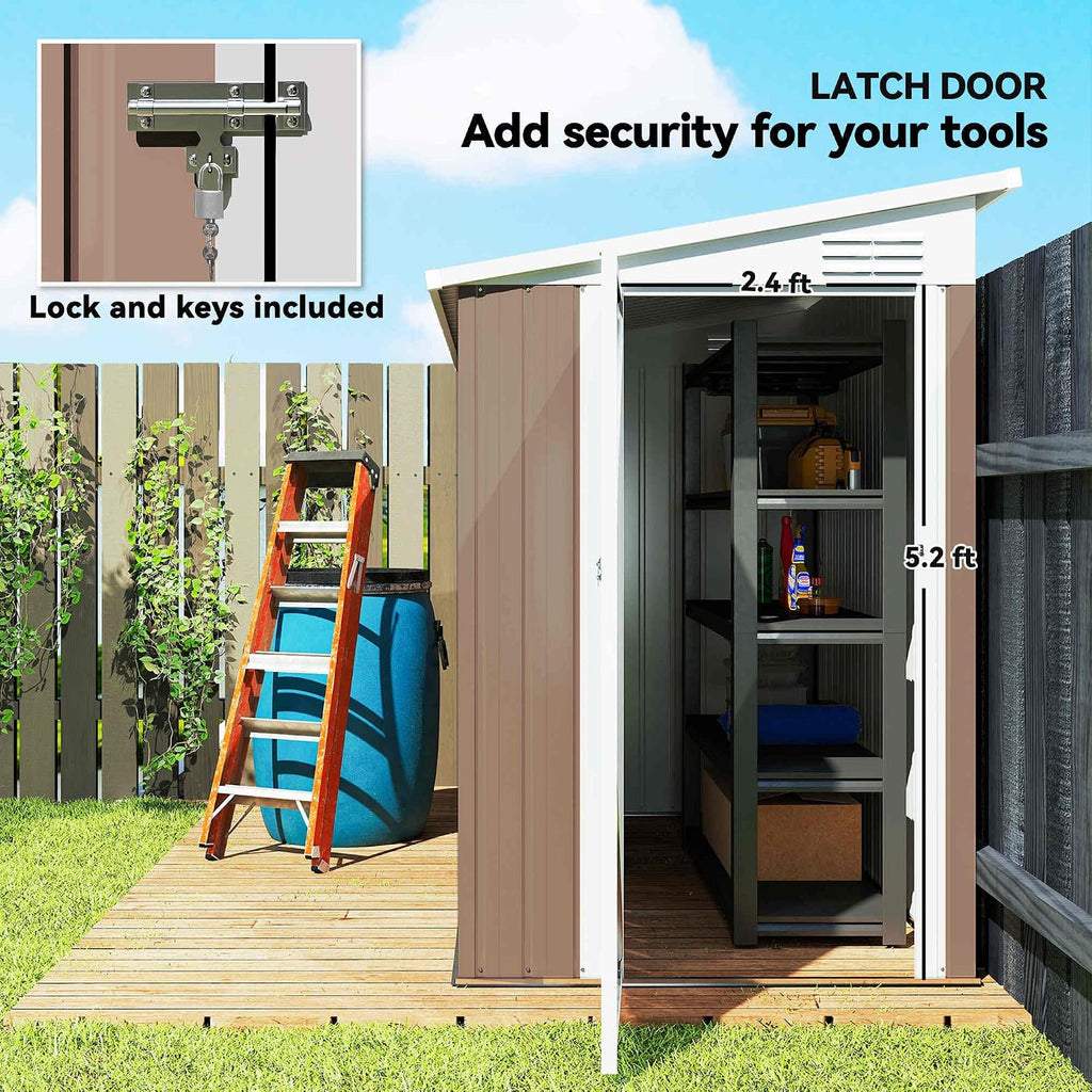 Outsunny 4' x 8' Metal Outdoor Storage Shed, Lean to Storage Shed, Garden Tool Storage House with Lockable Door and 2 Air Vents for Backyard, Patio, Lawn, Brown