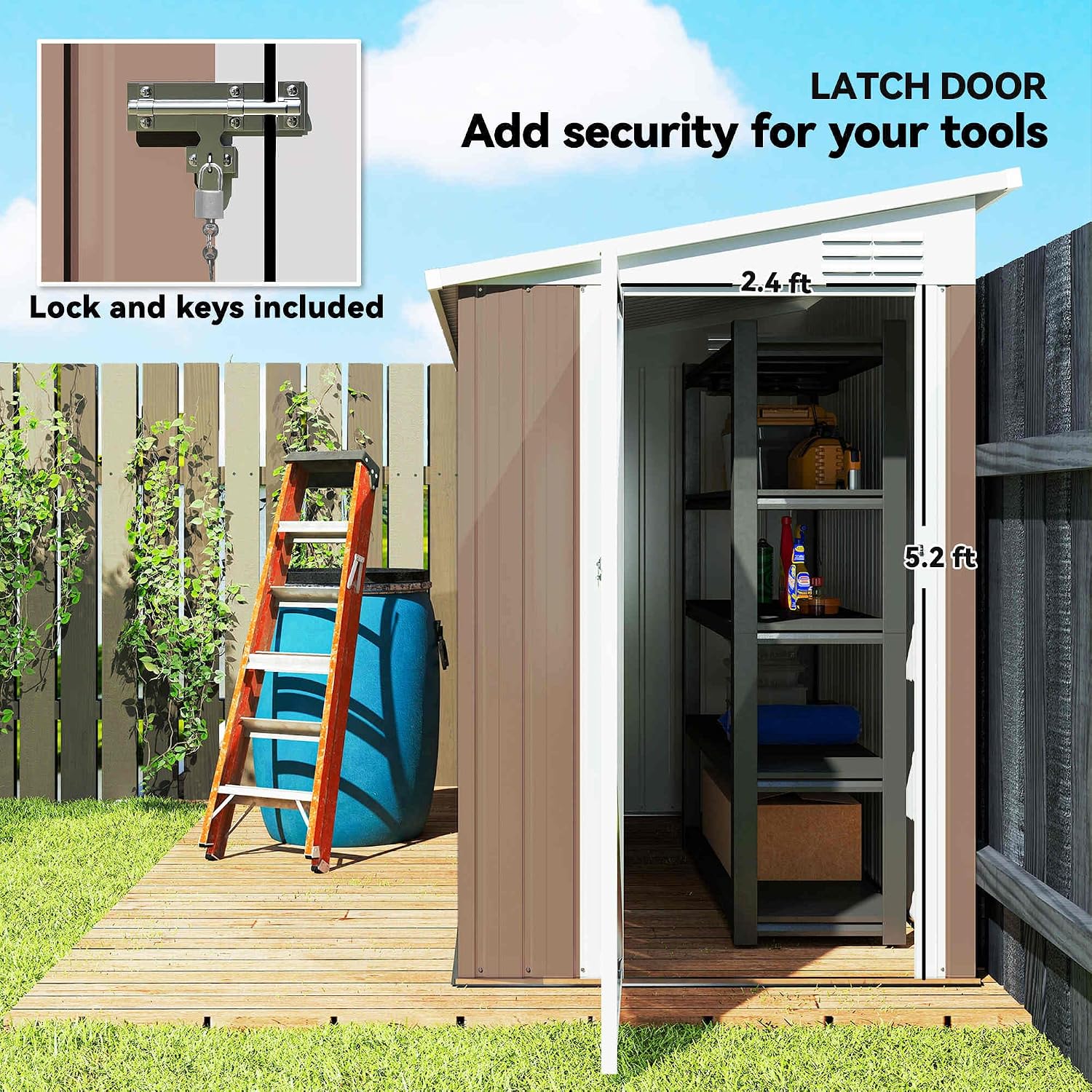Outsunny 4' x 8' Metal Outdoor Storage Shed, Lean to Storage Shed, Garden Tool Storage House with Lockable Door and 2 Air Vents for Backyard, Patio, Lawn, Brown