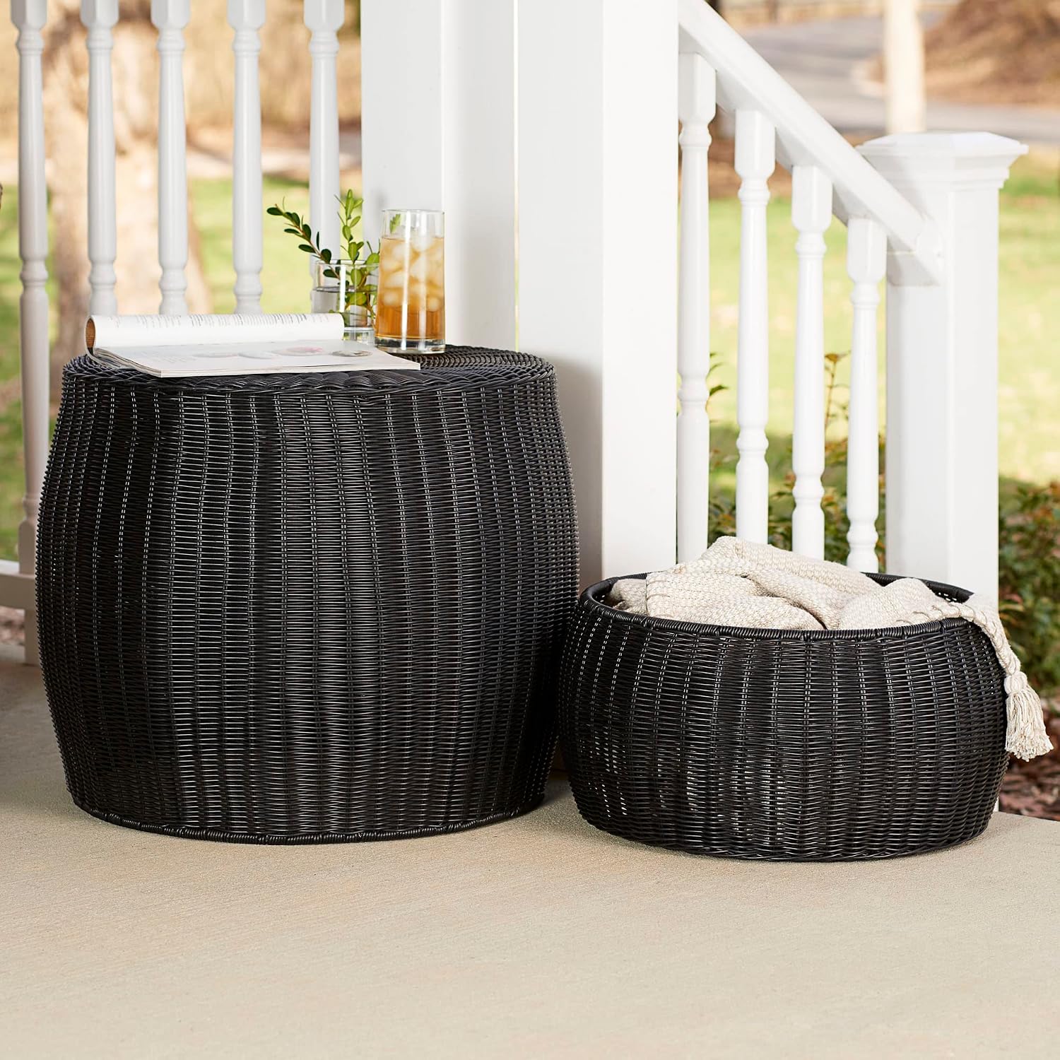 Household Essentials Handwoven Resin Barrel Side Table Storage Container, Black 18' H x 20' Dia.