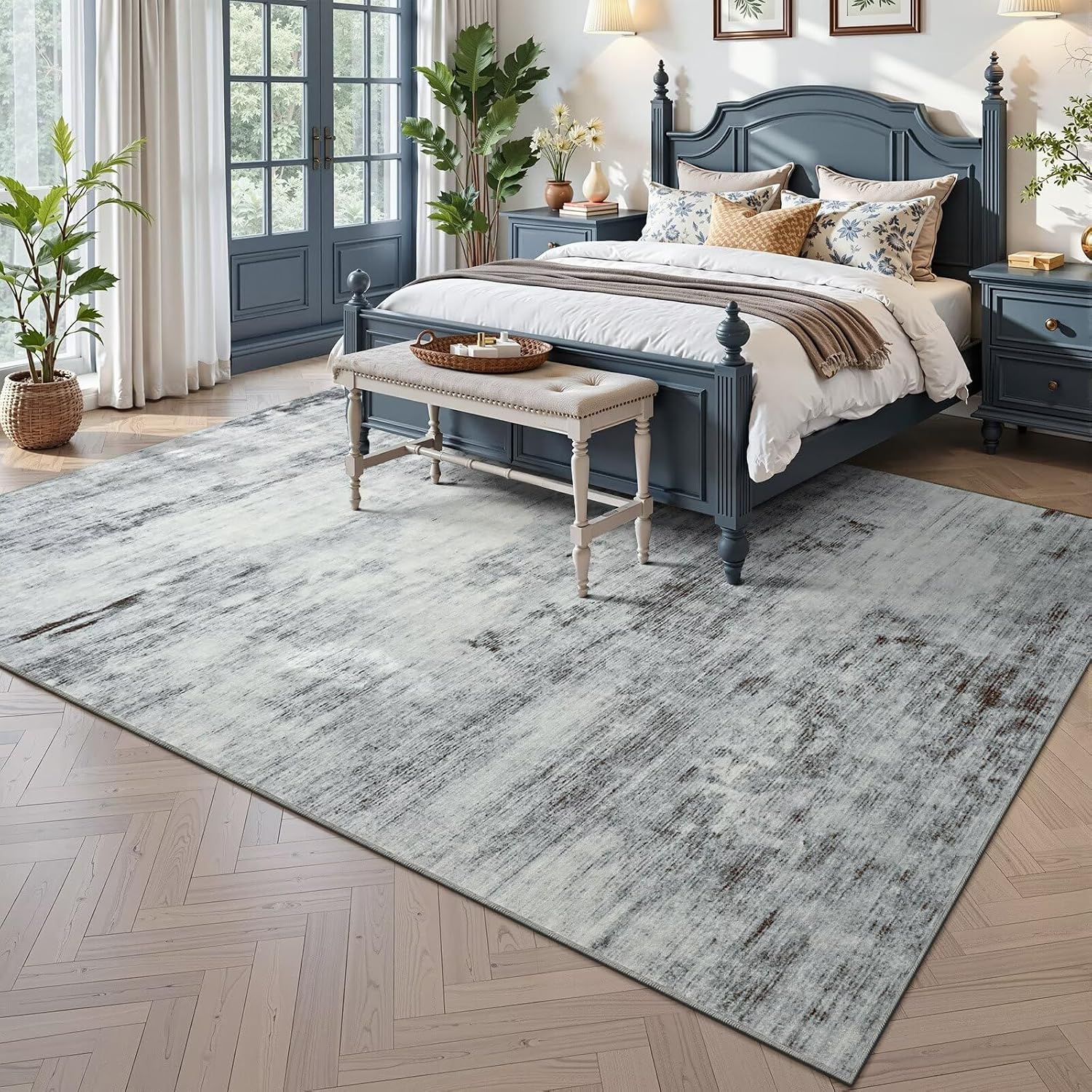 Toneed Abstract Area Rug 9x12 Modern Washable Rug Soft Non Slip Rug Low Pile for Bedroom Living Room Dining Room Grey