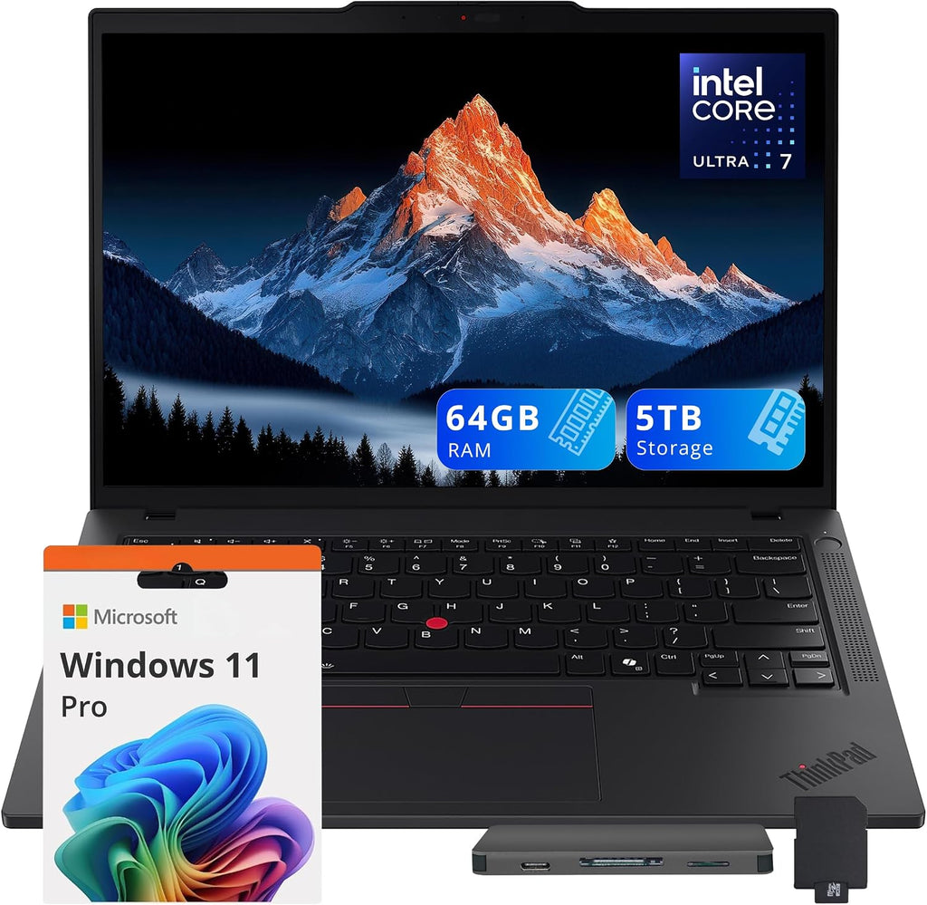Lenovo ThinkPad T14 G5 14' WUXGA Laptop, Intel Ultra 7 165U, 64GB DDR5 RAM, 5TB Storage(4TB SSD+1TB Docking Station Set), Intel Graphics, Backlit Keyboard, Fingerprint, Wi-Fi 6E, Win 11 Pro, Black