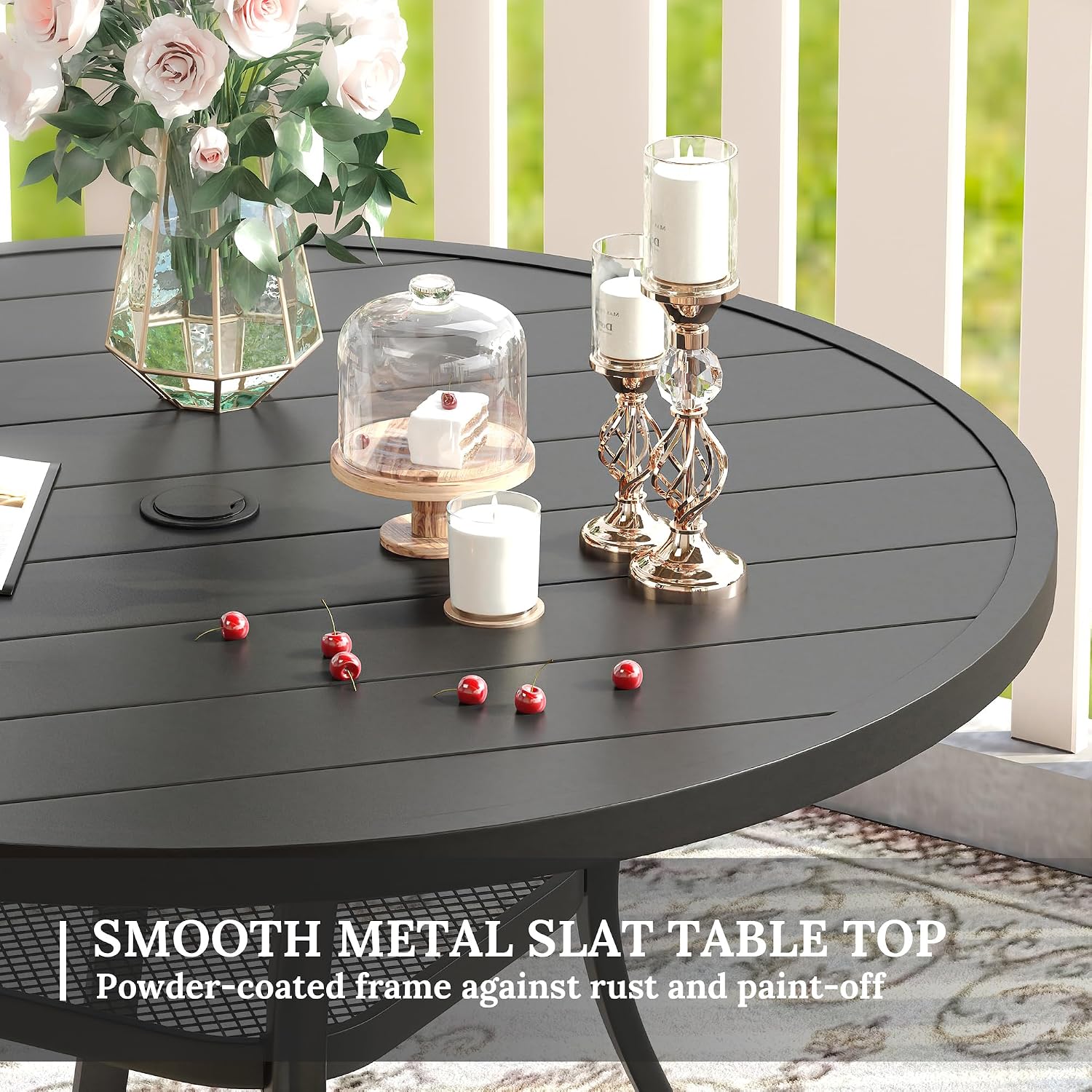 VICLLAX 41.2'x 28' Outdoor Round Patio Table for Lawn Garden, All Weather Metal Round Patio Dining Table with Adjustable Umbrella Hole, Patio Table for 4 Person, Black Tabletop