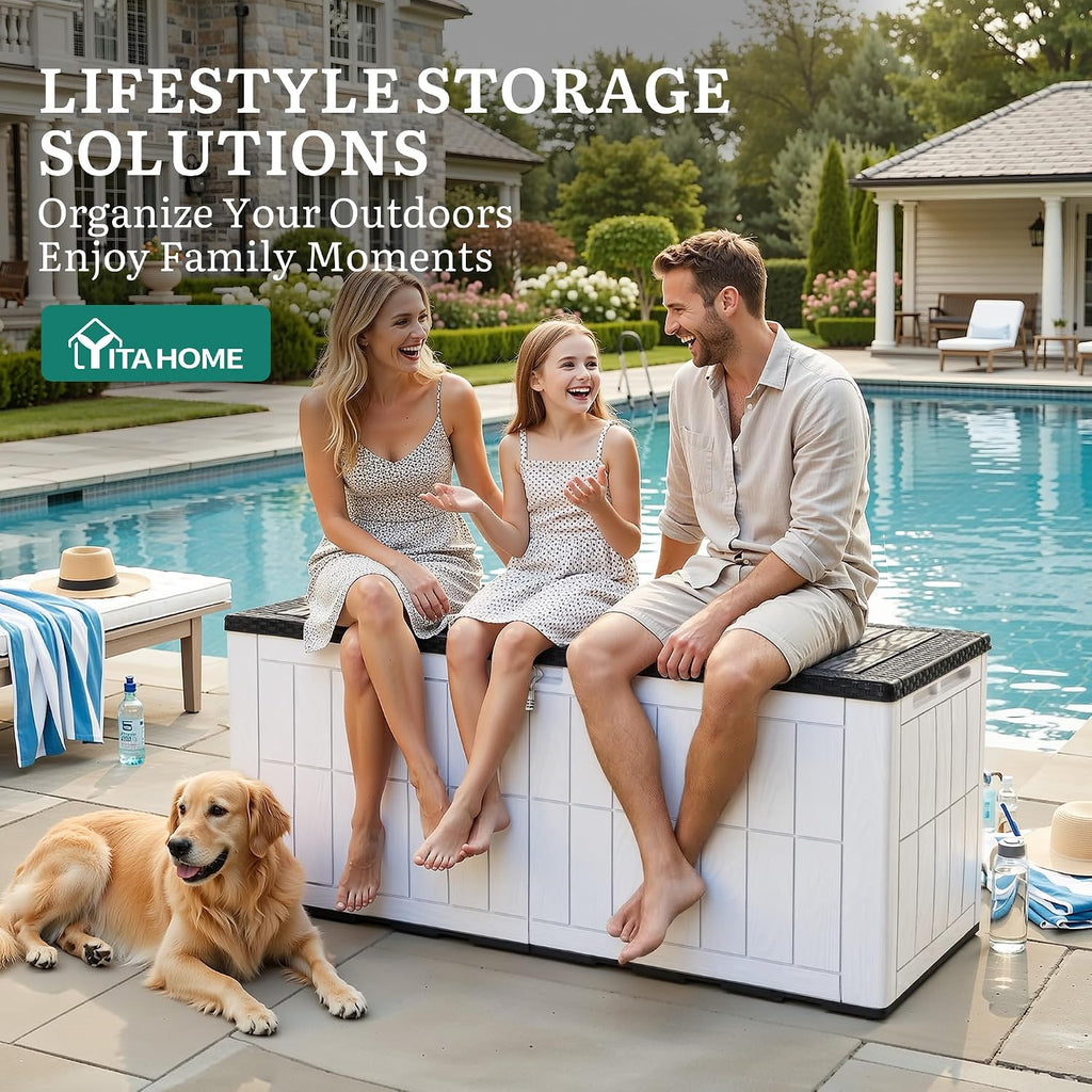 YITAHOME 134 Gallon Large Deck Box, Waterproof Resin Outdoor Storage Box with Lock and 2-Person Bench Seating for Patio Furniture Cushions,Garden Tools & Pool Accessories, Black & Grayish-White
