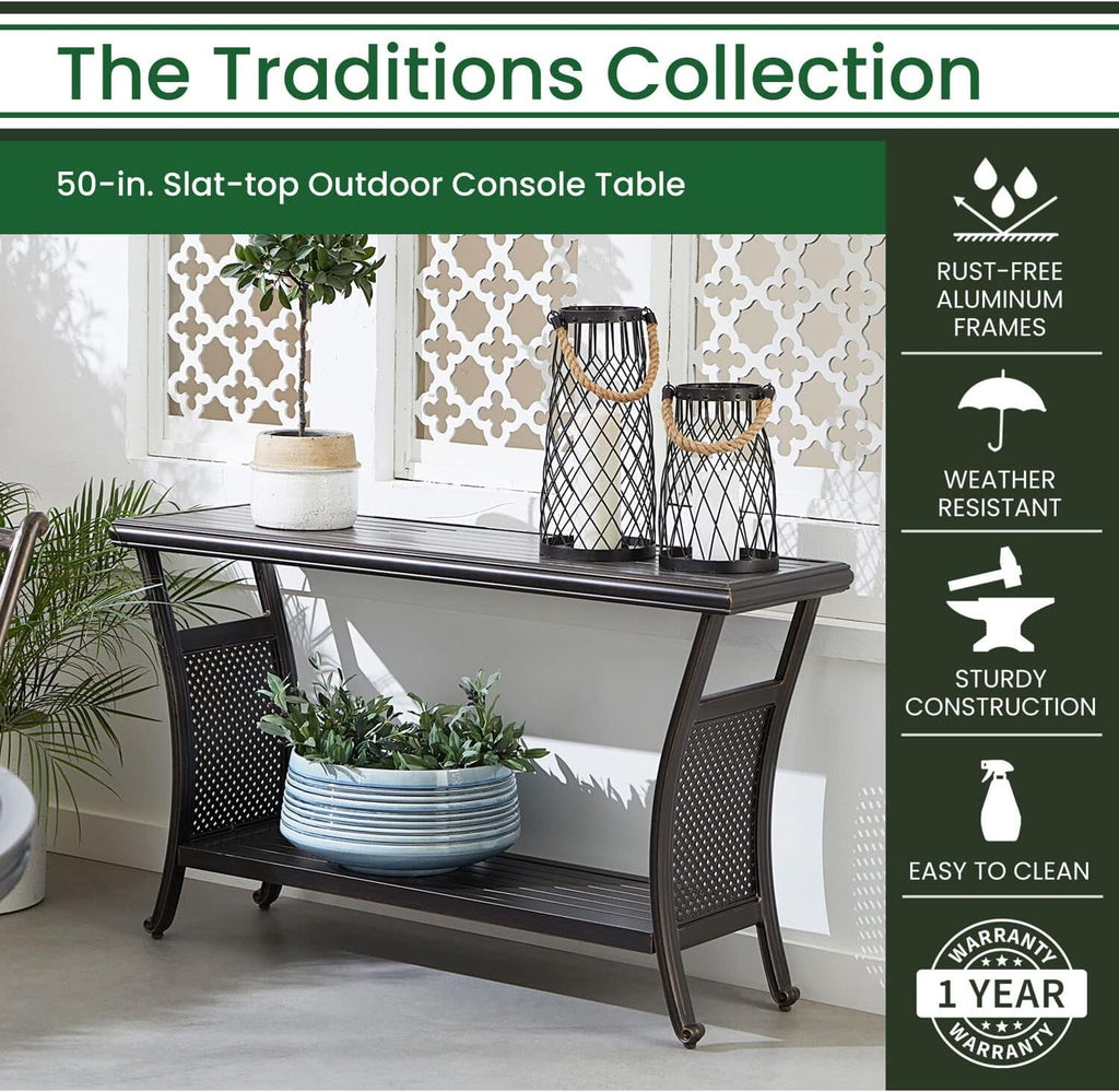 Hanover Traditions Outdoor Table, 50' Slat Top Console Table with 2 Shelves, Rust-Resistant All-Weather Patio Table with Brushed Bronze Finish, Perfect for Storage and Display Space or Bar Set Up