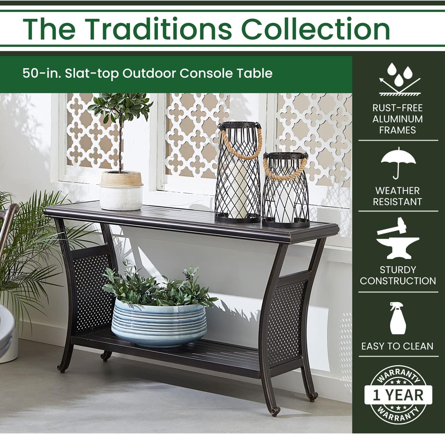 Hanover Traditions Outdoor Table, 50' Slat Top Console Table with 2 Shelves, Rust-Resistant All-Weather Patio Table with Brushed Bronze Finish, Perfect for Storage and Display Space or Bar Set Up