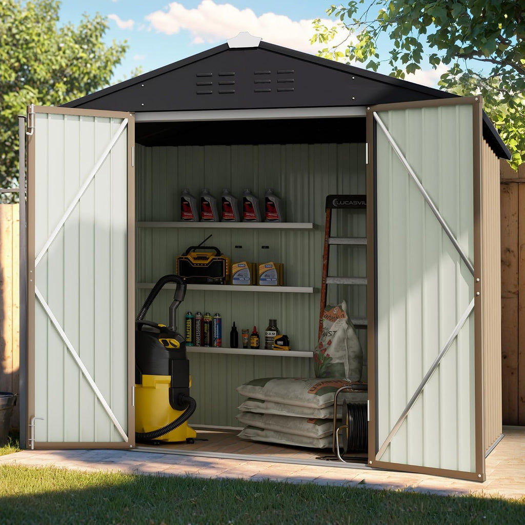 GUNJI 6.1 x 4.1 FT Shed Outdoor Storage Shed Metal Garden Shed with Lockable Door Outside Waterproof Tool Shed for Backyard, Patio, Lawn (Brown)