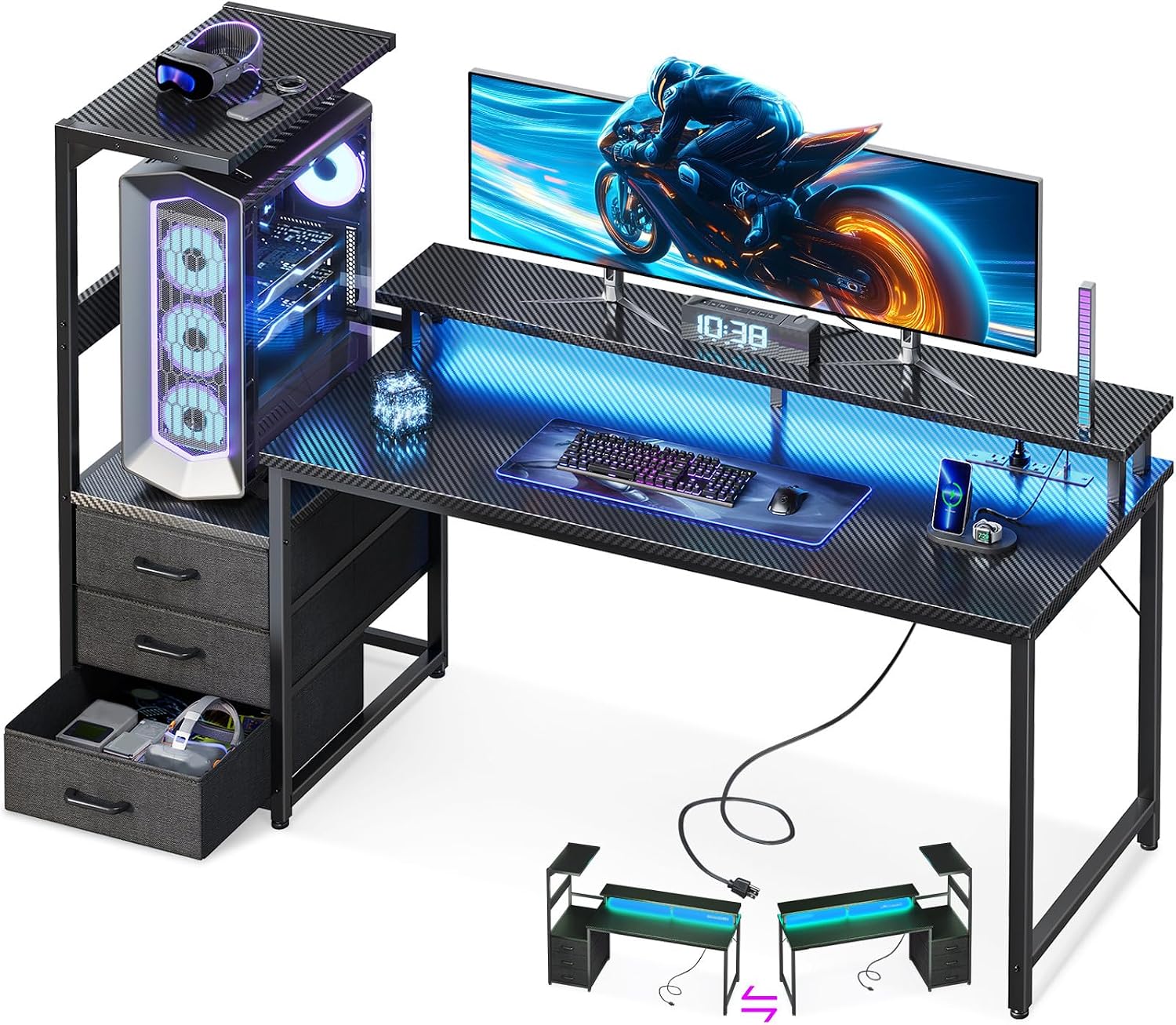 Casaottima 59 Inch Gaming Desk with USB Charging Ports & LED Light - Reversible Computer Desk with 3 Fabric Drawers, Monitor Stand, CPU Stand, Modern Office Desk, Black