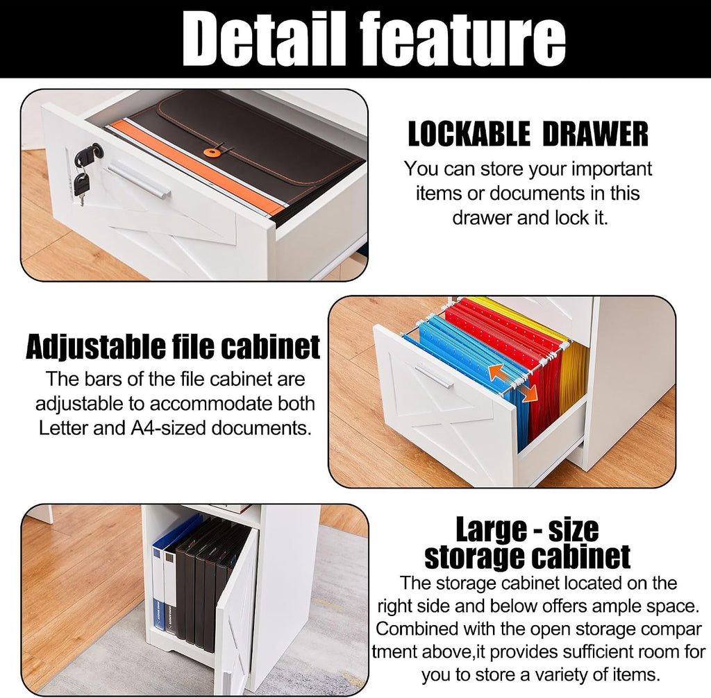 60' L Shaped Executive Desk with Printer Space,Corner Computer Desk with Power Outlets,Lockable Drawers & Adjustable File Cabnet,L Shaped Office Desk with Monitor Stand (White)
