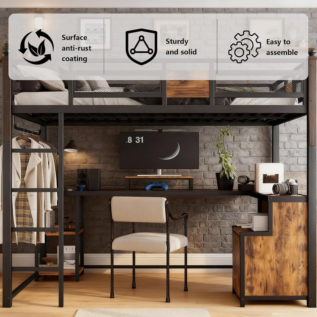 Bellemave Full Loft Bed with Storage Drawers and L-Shaped Desk, Metal Loft Bed Frame with Computer Monitor Stand, Hang Rod, and Multi-Function Shelves, Loftbed with Noise-Free Design, Black