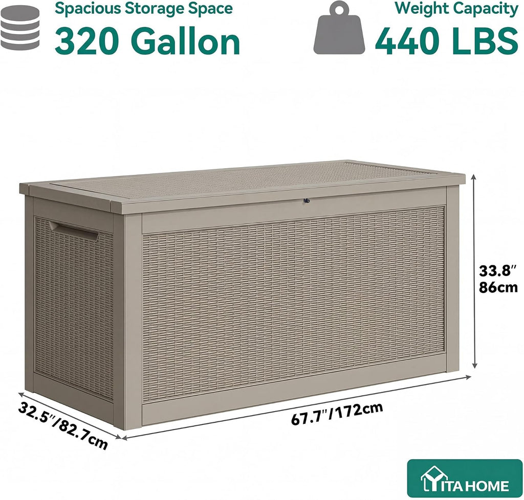 YITAHOME 320 Gallon Outdoor Storage Box, Large Water Resistant Resin Deck Box, Indoor Outdoor Lockable Storage Container for Patio, Garden, Cushions, Tools, Equipment(Brown)