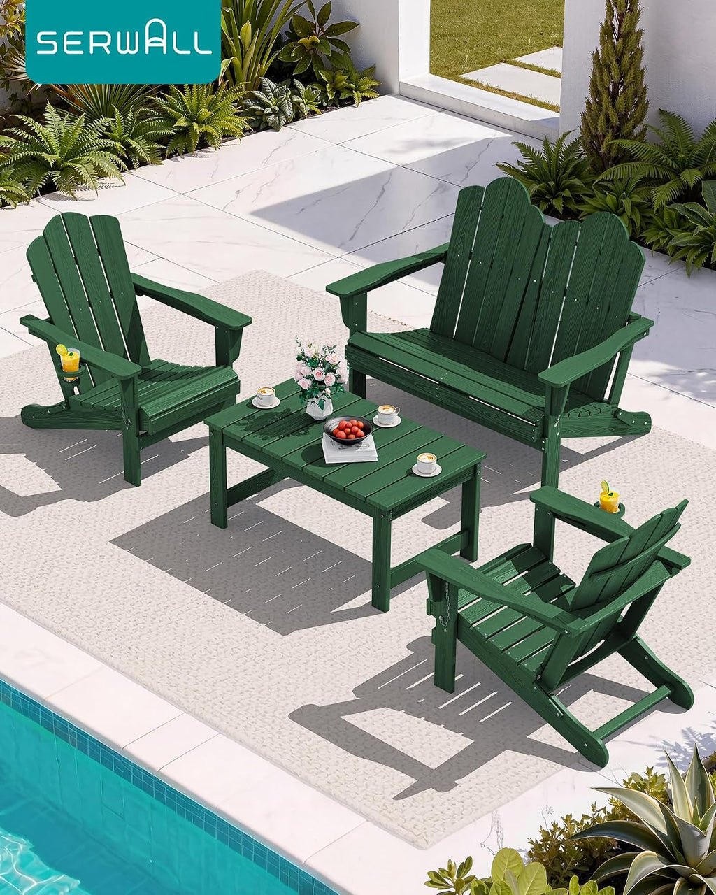 SERWALL Folding Adirondack Bench, HDPE All-Weather Adirondack Loveseat, 660 lbs Capacity, Foldable Outdoor Patio Bench for Deck, Lawn, Garden, Green