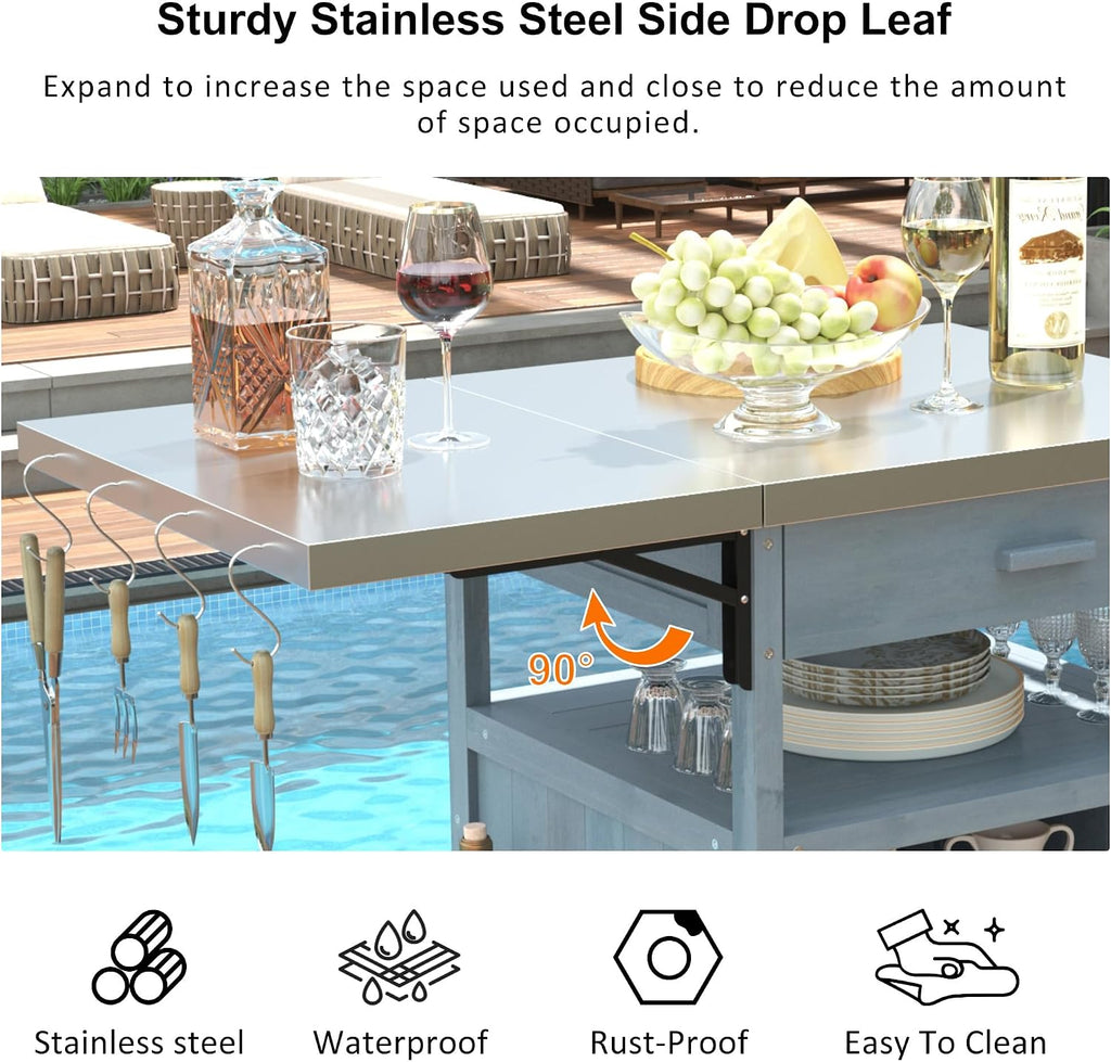 40.5' Outdoor Grill Cart with Stainless Steel Top, Solid Wood Outdoor Storage Cabinet with Drop Leaf, One Drawer, Towel Rack, Rolling Kitchen Cart with Lockable Wheels for Lawn Garden, Blue