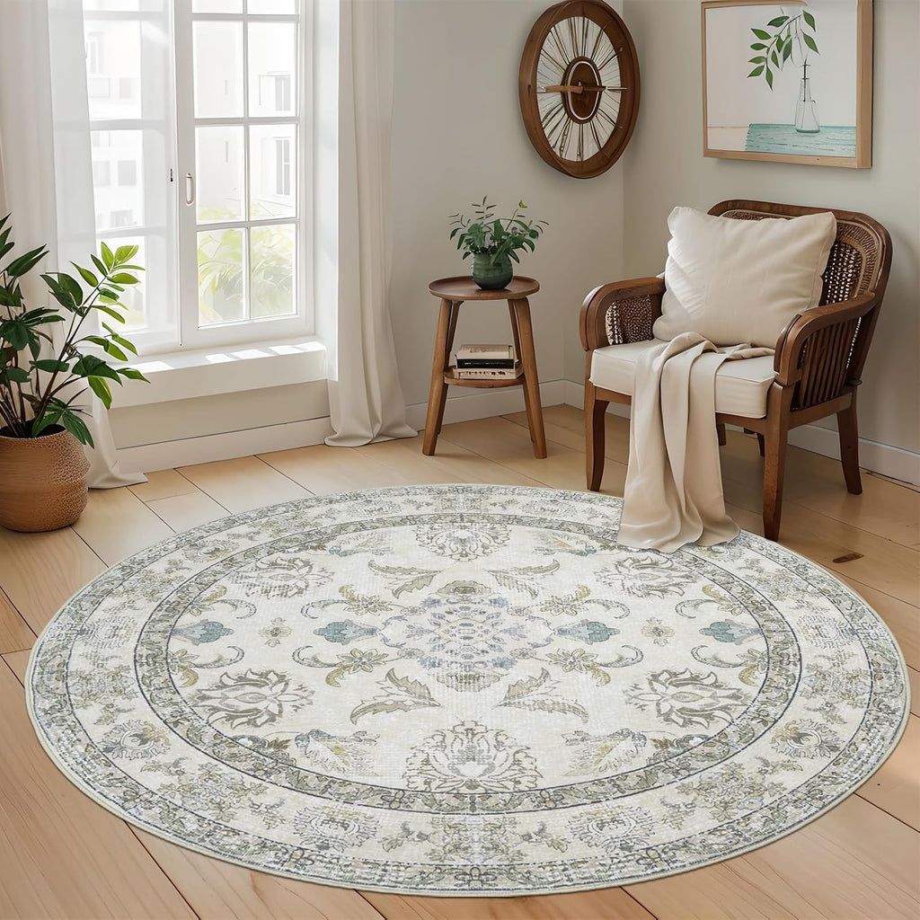 Round 8Ft Washable Area Rug,Vintage Floral Low Pile Non Slip Carpet Non-Shedding Rug Soft Stain Resistant Mat for Living Room Bedroom Beige and Sage Green