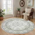 Round 8Ft Washable Area Rug,Vintage Floral Low Pile Non Slip Carpet Non-Shedding Rug Soft Stain Resistant Mat for Living Room Bedroom Beige and Sage Green