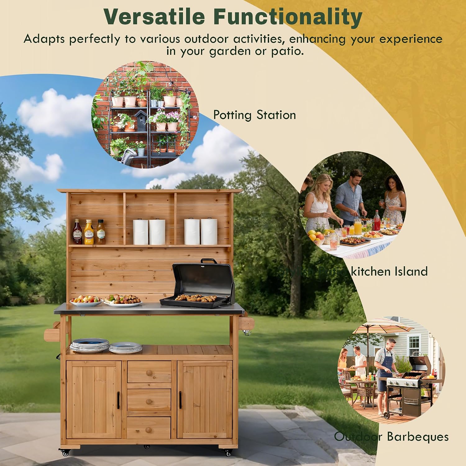 65''H Large Garden Potting Bench, Solid Fir Wood Outdoor Kitchen Island with Lockable Wheels, Stainless Steel top, Drawers, Shelf and Cabinets, Door Shelves and Hutch for Grilling (Natural-113)