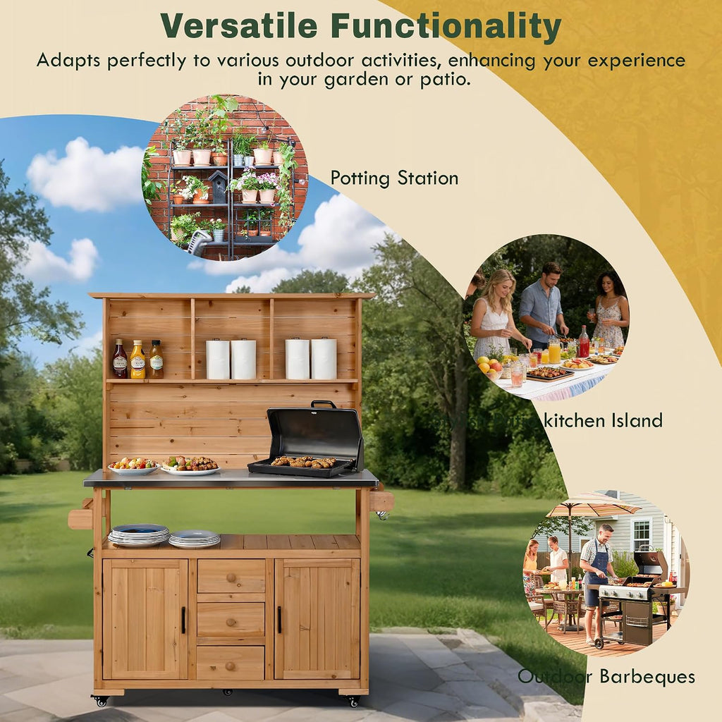 Versatile Garden Potting Bench with Stainless Steel Countertop, Outdoor Workstation for BBQ & Patio Cooking, Mobile Storage Cart Kitchen Island with Wheels (Natural/B)