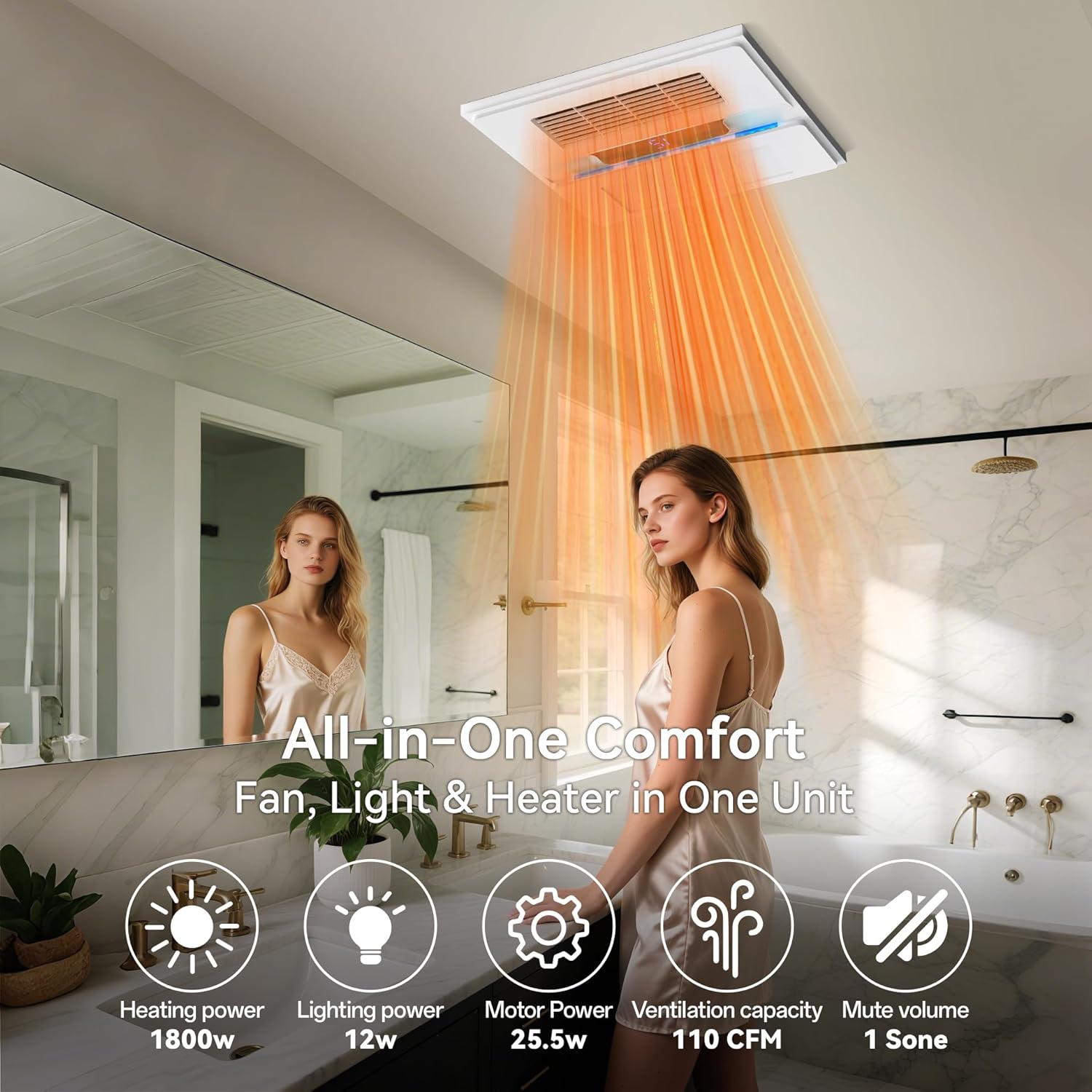 1800W Bathroom Exhaust Fan with Light and Heater, 110 CFM 4-in-1 Ceiling Vent Fan, 1.0 Sone Quiet Operation, 11.2' x 11.2' Ceiling Cutout, 13.8' Grille, 6500K LED Light, Metal Housing