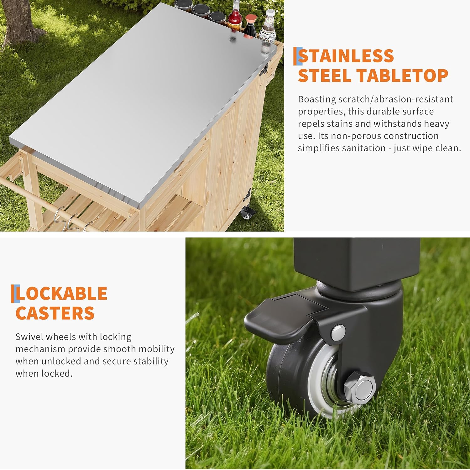 Solid Wood Outdoor Grill Cart Storage Cabinet Outdoor Grill Cart, BBQ Cart Prep Table with Stainless Steel Top, Drawer, & Open Shelves, Portable Rolling Kitchen Island for Patio, Garden, Backyard