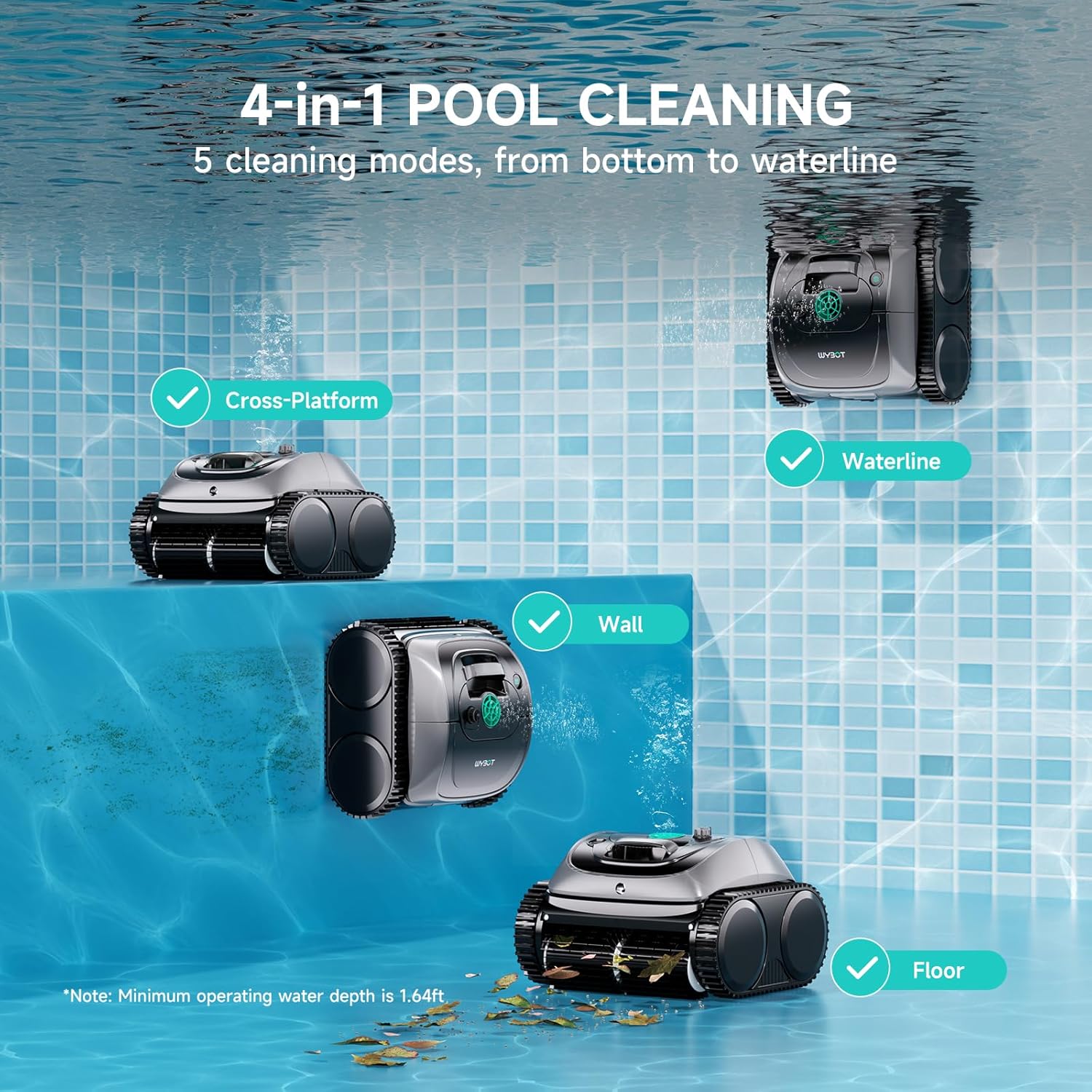 WYBOT C1 Cordless Robotic Pool Vacuum for Inground Pools, Above Ground Pool Cleaner 4-in-1 Wall & Waterline Cleaning Up to 1,614sq.ft, 150mins Smart Navigation, App Support (Obsidian Green)