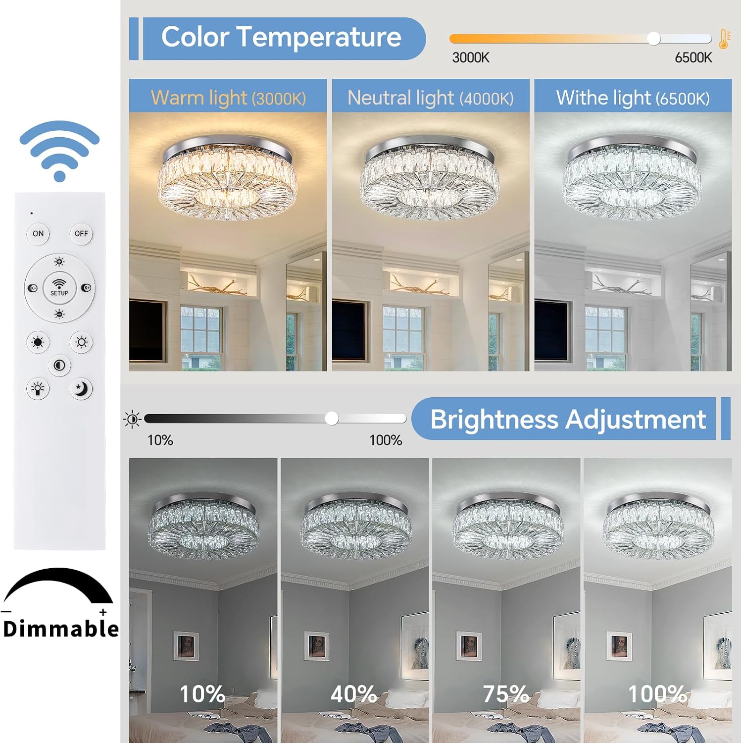16.5 Inch Dimmable Chandelier with Remote Control LED Crystal Chandelier Modern Flush Mount Ceiling Light Fixtures for Living Room Bedroom Dining Room Entrance (dimmable-16.5')
