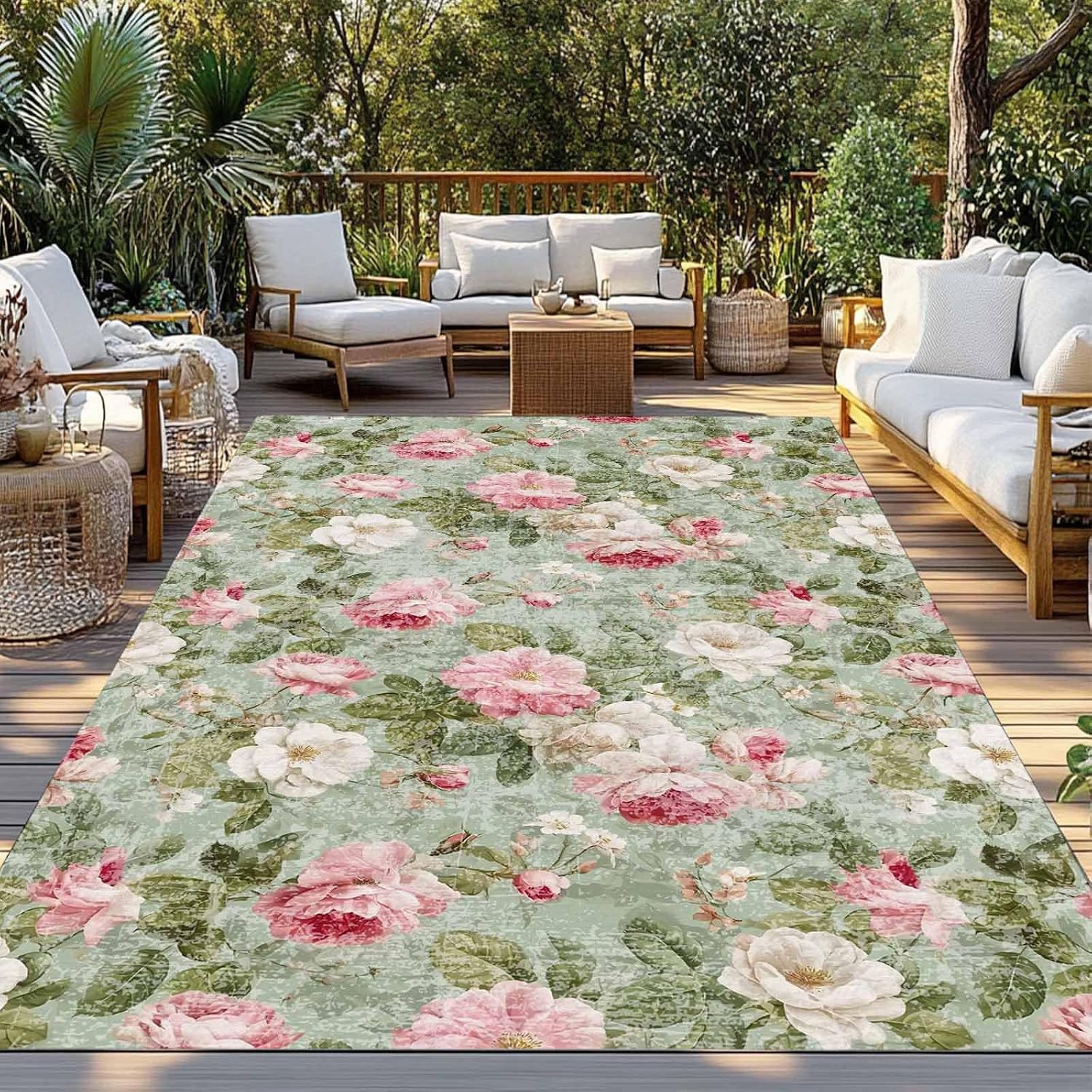 White Pink Flower Outdoor Rug for Patio/Deck/Porch, Non-Slip Large Area Rug 6 x 9 Ft, Shabby Chic Spring Vintage Leaf Green Indoor Outdoor Rugs Washable Area Rugs, Reversible Camping Rug Carpet Runner