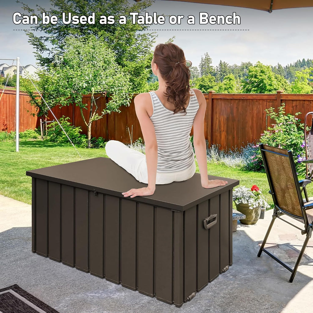 Domi 100 Gallon Deck Box Outdoor Storage Box, Lockable Storage Cabinet Deck Box Outdoor Waterproof, Large Metal Storage Bin for Patio Furniture Cushions Garden Tools Pool-Supplies, Brown