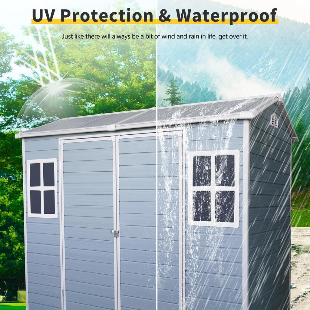 Resin Shed with Floor, Storage Shed with Floor, 8x4FT Outdoor Shed with 2 Windows and Lockable Door Sheds for Garden Tools, Bike