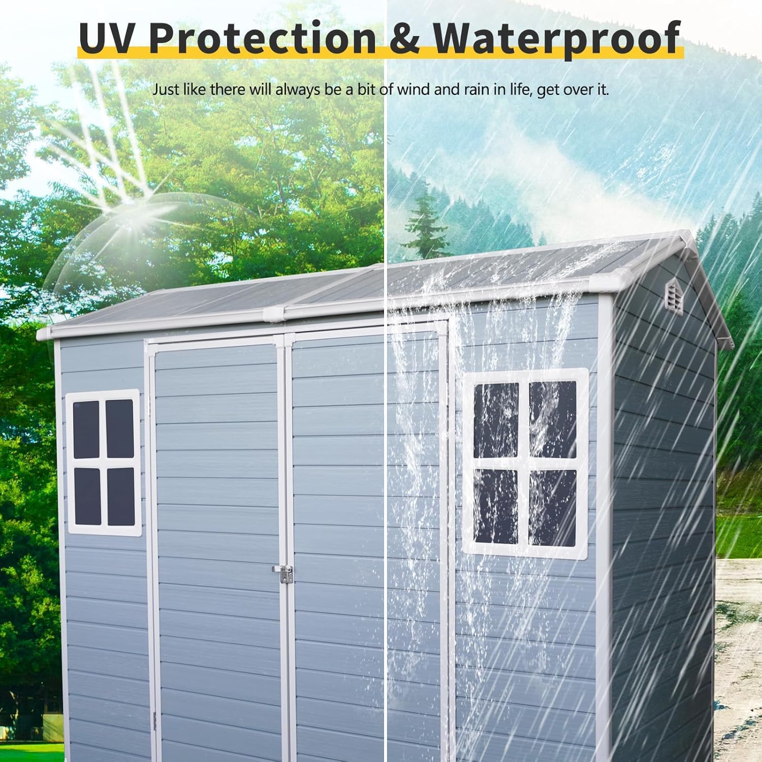 Resin Shed with Floor, Storage Shed with Floor, 8x4FT Outdoor Shed with 2 Windows and Lockable Door Sheds for Garden Tools, Bike