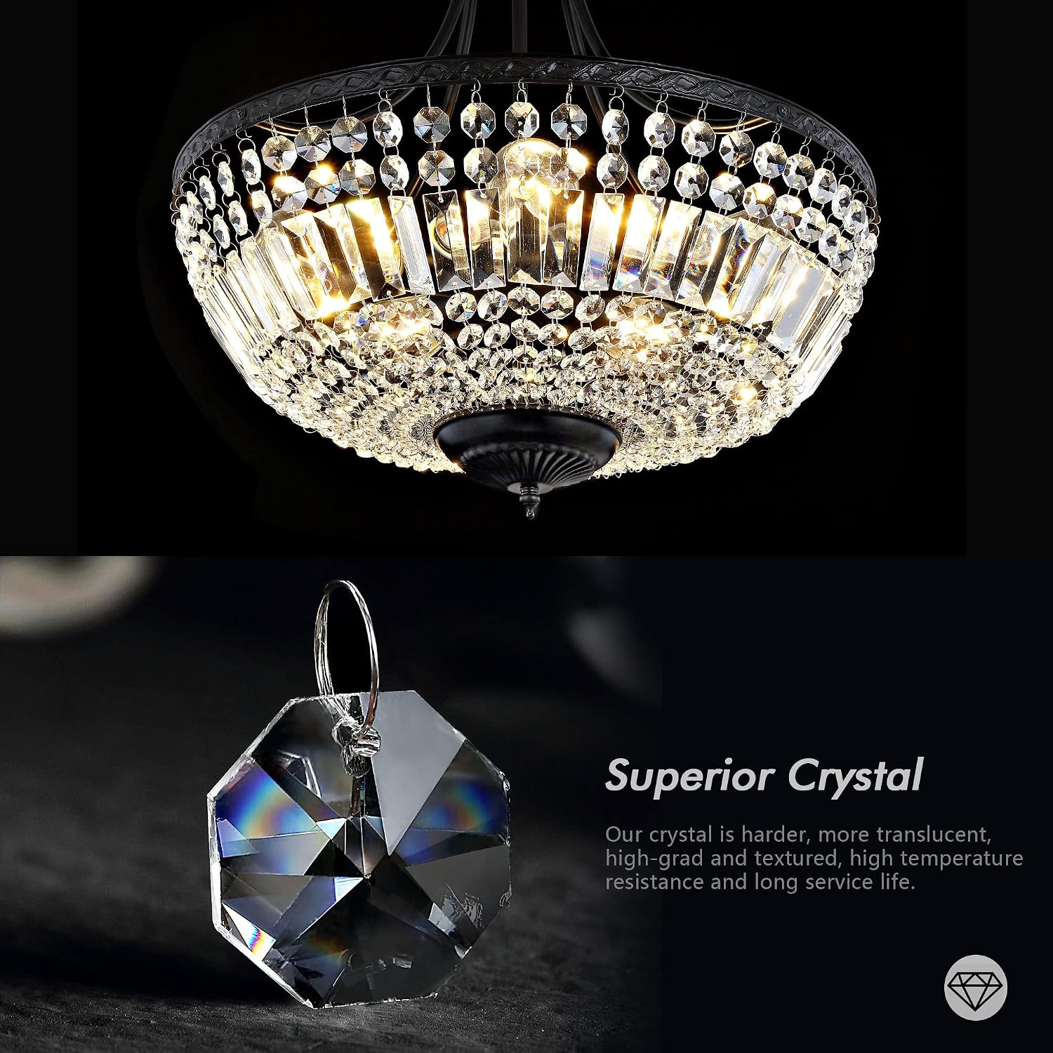 WINGBO 19.5 Inch Crystal Ceiling Light Fixture, 5-Light Raindrop Semi Flush Mount Chandelier, Modern Round Close to Ceiling Hanging Light for Living Room Dining Room Bedroom Hallway, Black
