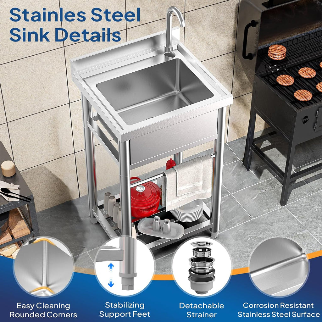 ROVSUN Stainless Steel Utility Sink with Faucet and Storage Shelf, 19.6'D x 21.6'W x 36.9'H, Compact Freestanding Single Bowl Wash Basin for Restaurant, Kitchen, Laundry, Garage & Outdoor Use