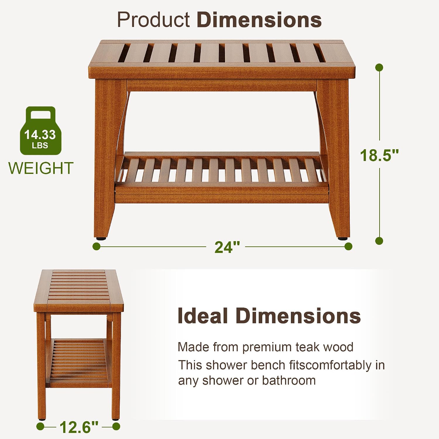 24' Premium Solid Teak Shower Bench with Storage Shelf - 400 lbs Capacity, Waterproof & Non-Slip Seat for Bathroom, Poolside, Spa