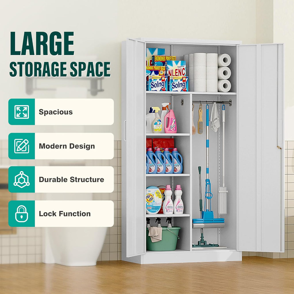 Wide & Deep Metal Storage Cabinet with Hanging Rod,White Broom Closet Storage Cabinet with Lock,72' Tall Wardrobe Cabinets with Doors and Shelves,Locking Steel Tool Cabinets for Home,Office,Garage