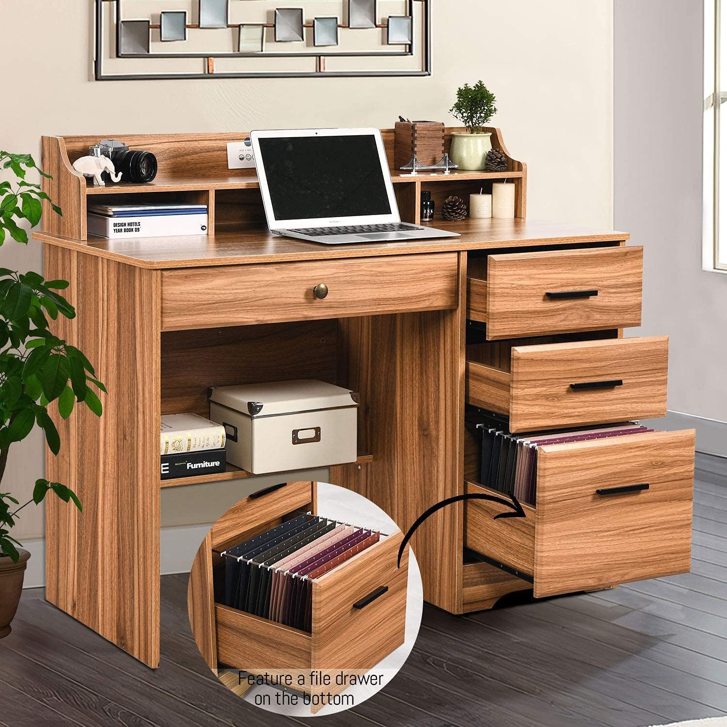 Catrimown Computer Desk with 4 Drawers and Hutch, Home Office Desk with File Drawer, 44' Rustic Oak Wood Desk, Study Table for Bedroom, Rustic Oak